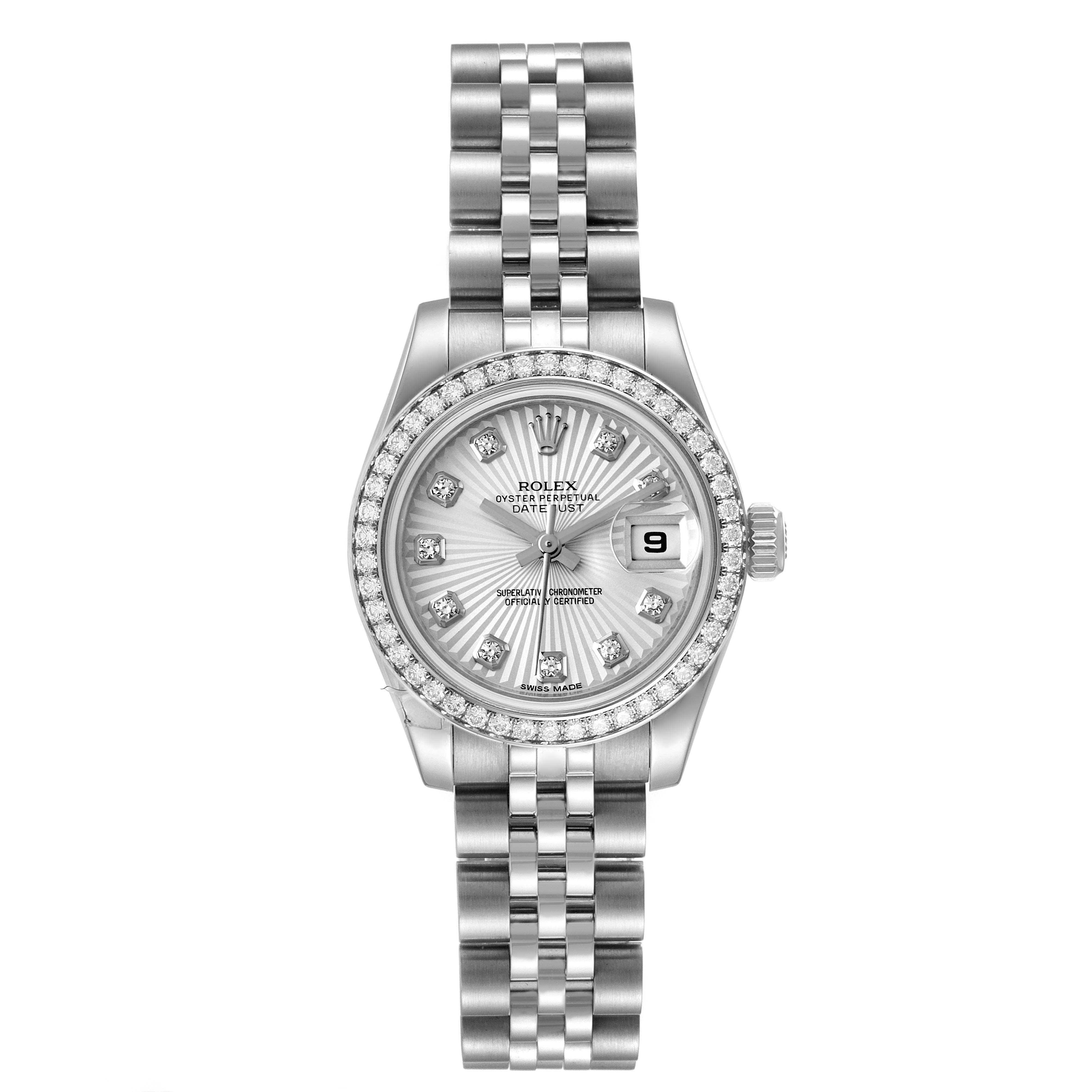 The image shows a Rolex Datejust 179384 Women's Stainless Steel Silver Dial 179384 Women's Stainless Steel Silver Dial watch from a top-down angle, displaying the dial, bezel, bracelet, and date window.