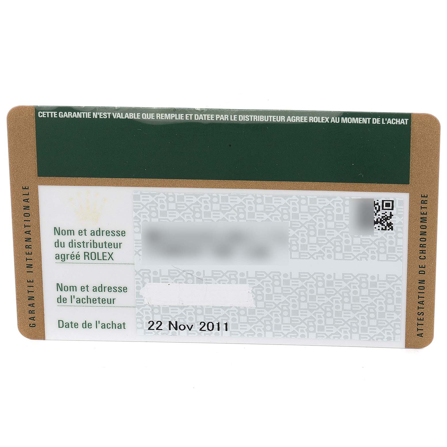 The image shows an international guarantee card for a Rolex Datejust 179384 Women's Stainless Steel Silver Dial 179384 Women's Stainless Steel Silver Dial watch, dated 22 Nov 2011.