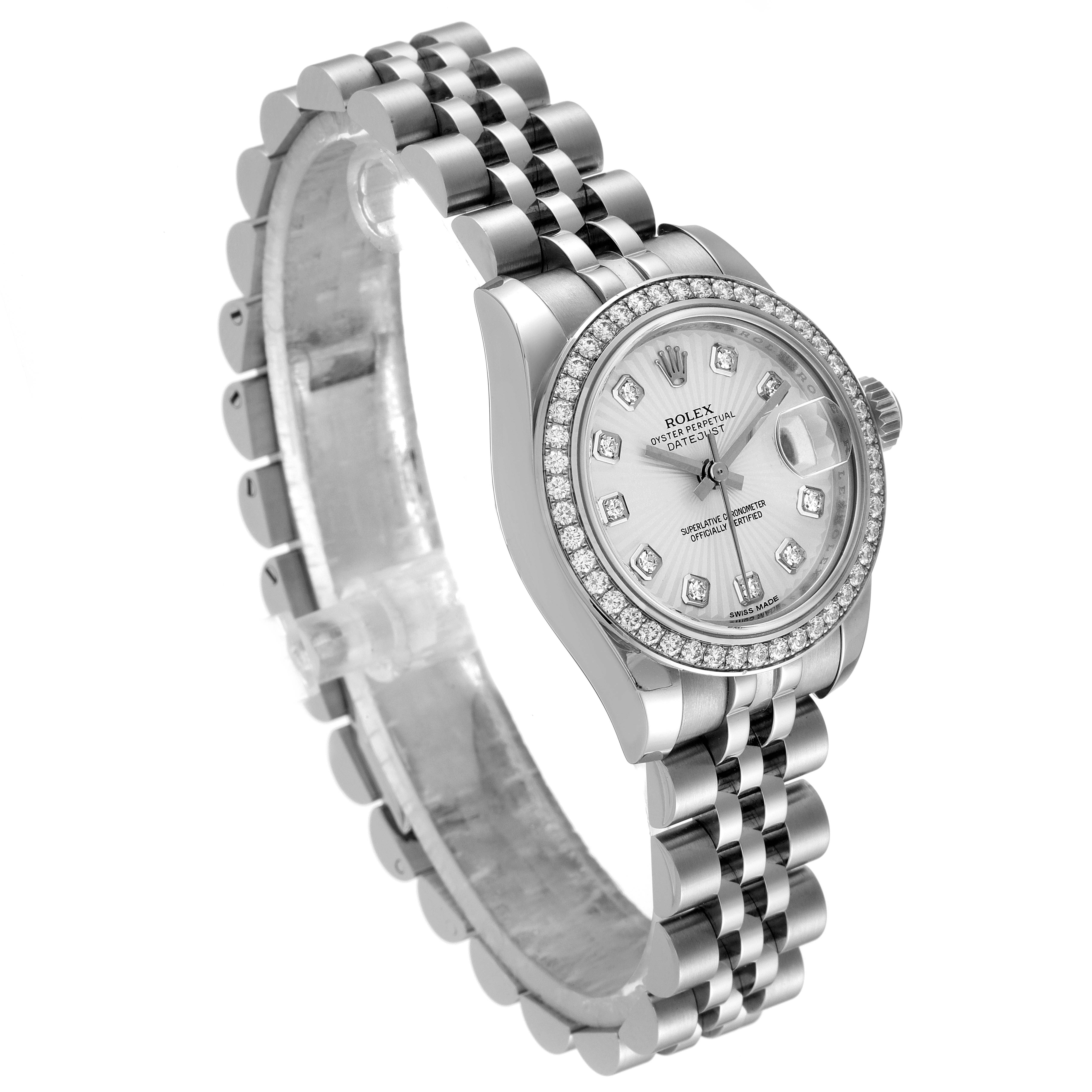 The Rolex Datejust 179384 Women's Stainless Steel Silver Dial 179384 Women's Stainless Steel Silver Dial watch is shown at a three-quarter angle displaying the face, bezel, and bracelet.