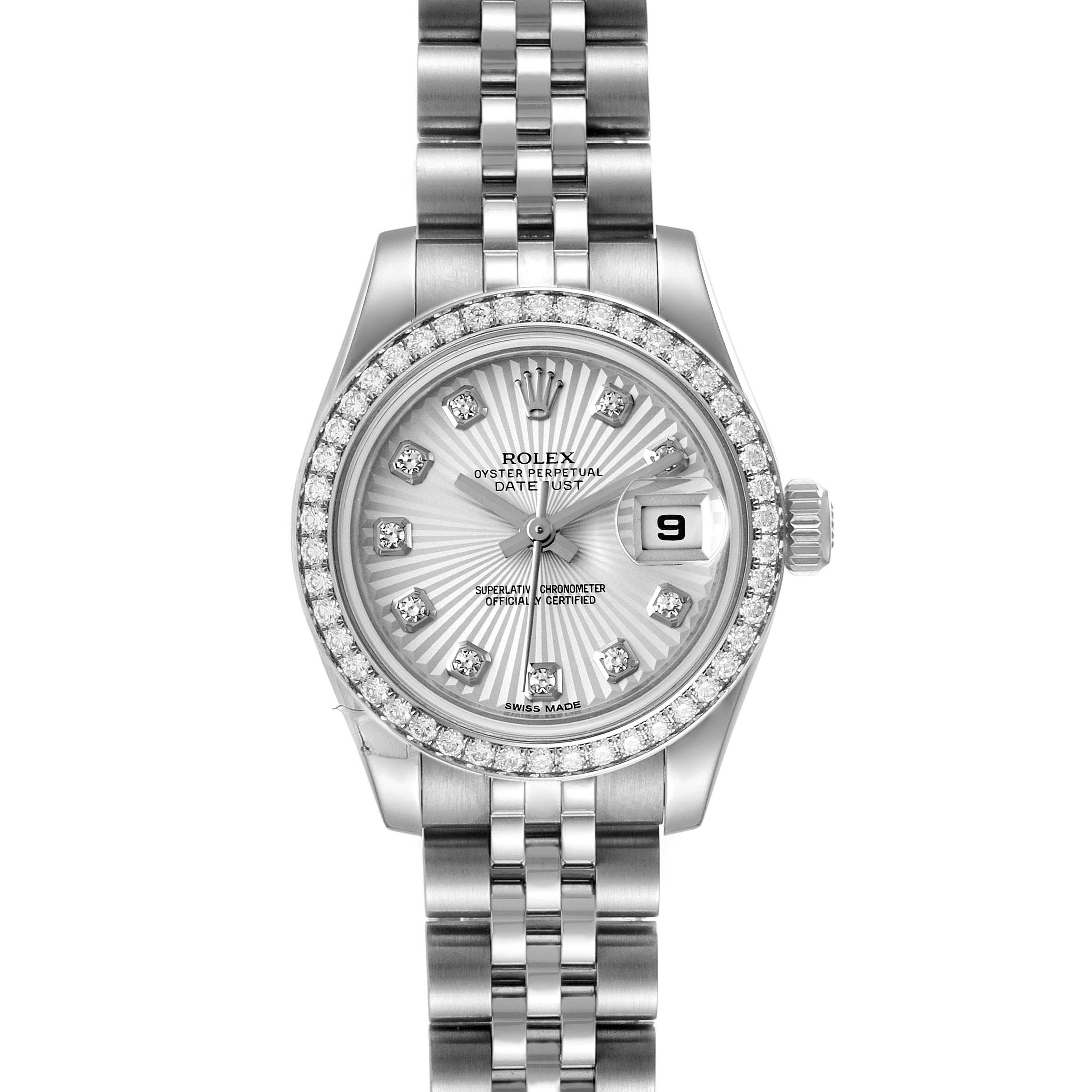 The Rolex Datejust 179384 Women's Stainless Steel Silver Dial 179384 Women's Stainless Steel Silver Dial watch is shown from a top-down angle, displaying the dial, bezel, crown, and bracelet.