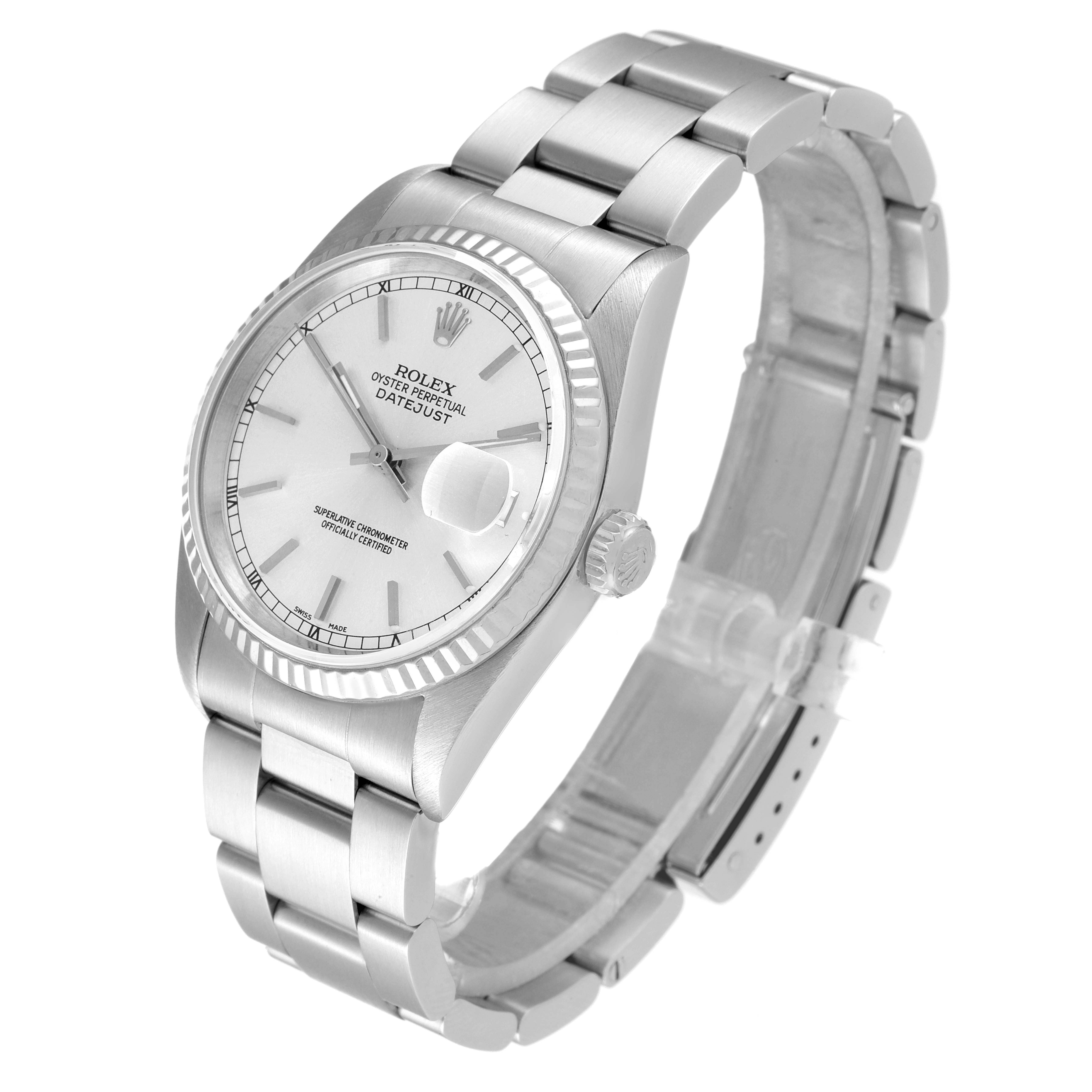 The Rolex Datejust 16234 Men's Stainless Steel Silver Dial 16234 Men's Stainless Steel Silver Dial watch is shown at a three-quarter angle, highlighting the dial, crown, and bracelet.