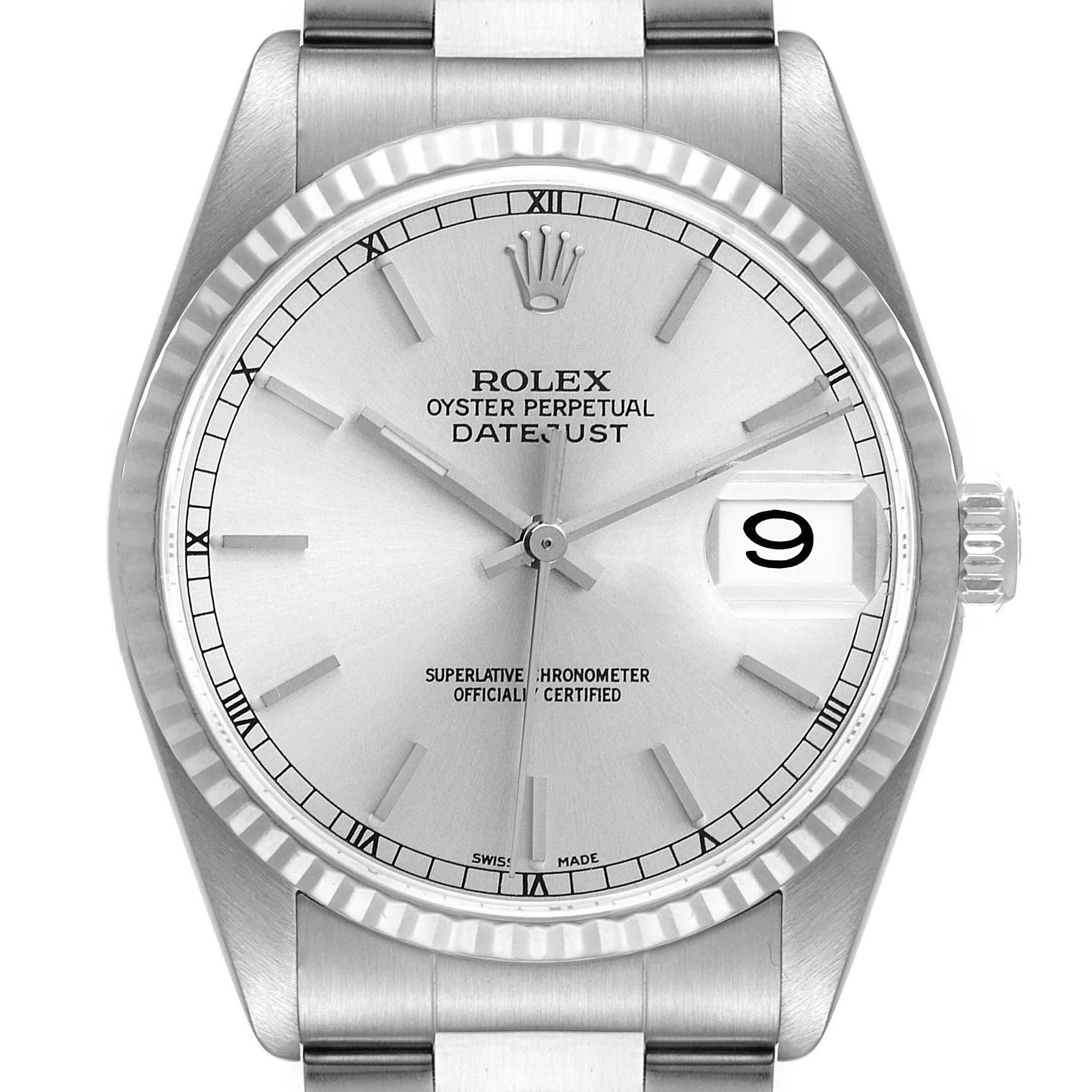 This image shows a front view of a Rolex Datejust 16234 Men's Stainless Steel Silver Dial 16234 Men's Stainless Steel Silver Dial watch, displaying the face, bezel, and part of the bracelet.