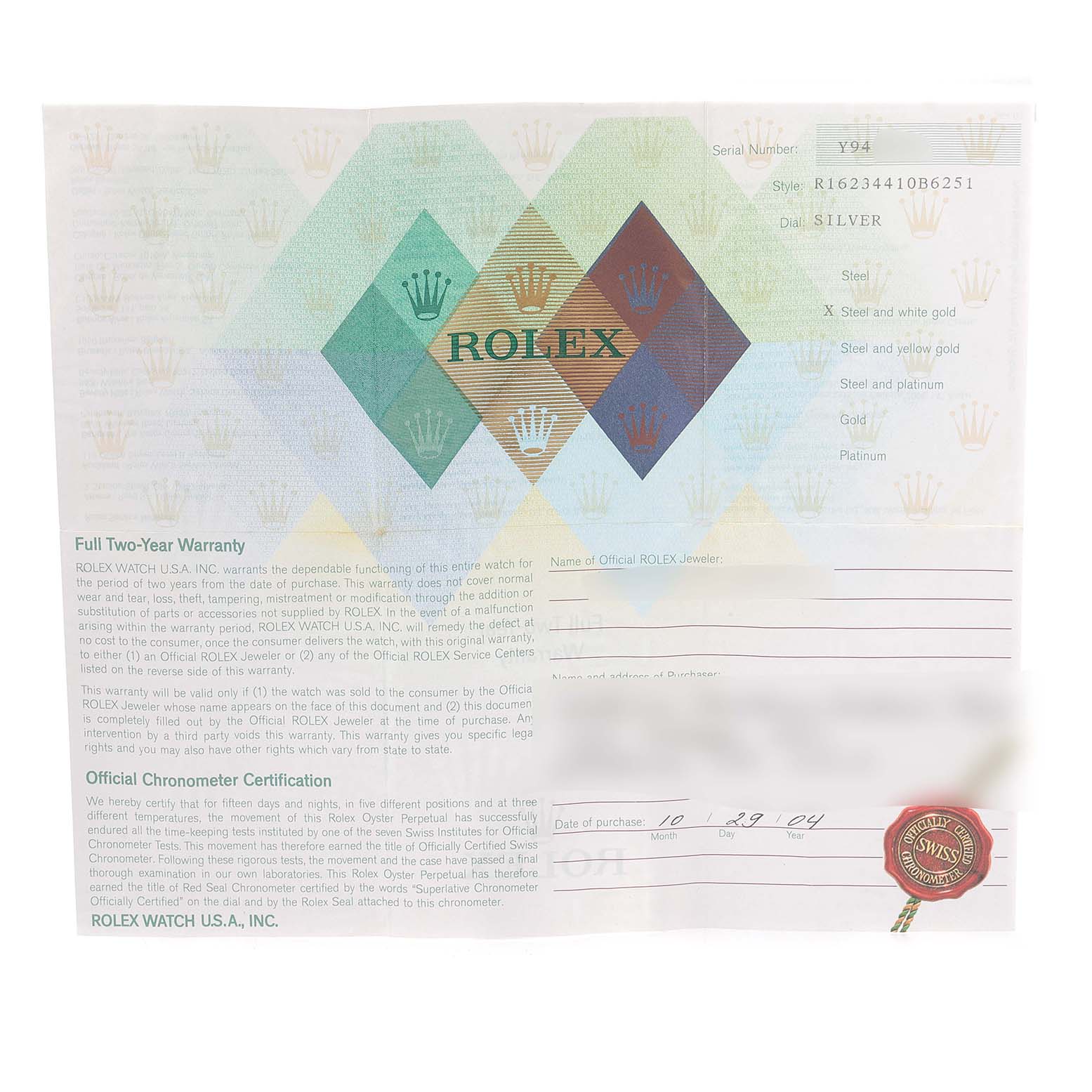 This image shows the warranty card and official chronometer certification paperwork for a Rolex Datejust 16234 Men's Stainless Steel Silver Dial 16234 Men's Stainless Steel Silver Dial model.