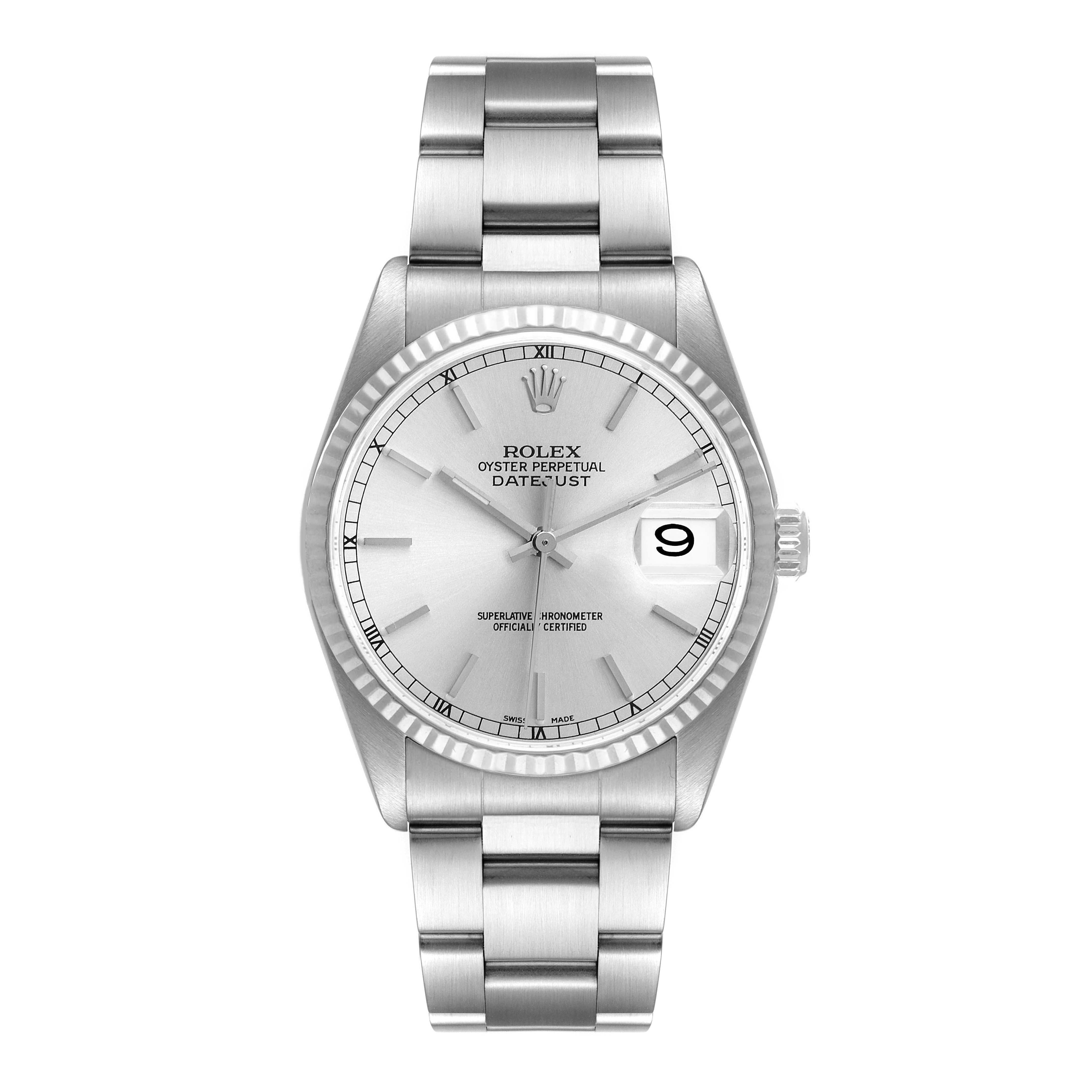 This image shows a front view of a Rolex Datejust 16234 Men's Stainless Steel Silver Dial 16234 Men's Stainless Steel Silver Dial watch, featuring its dial, bezel, crown, and bracelet.