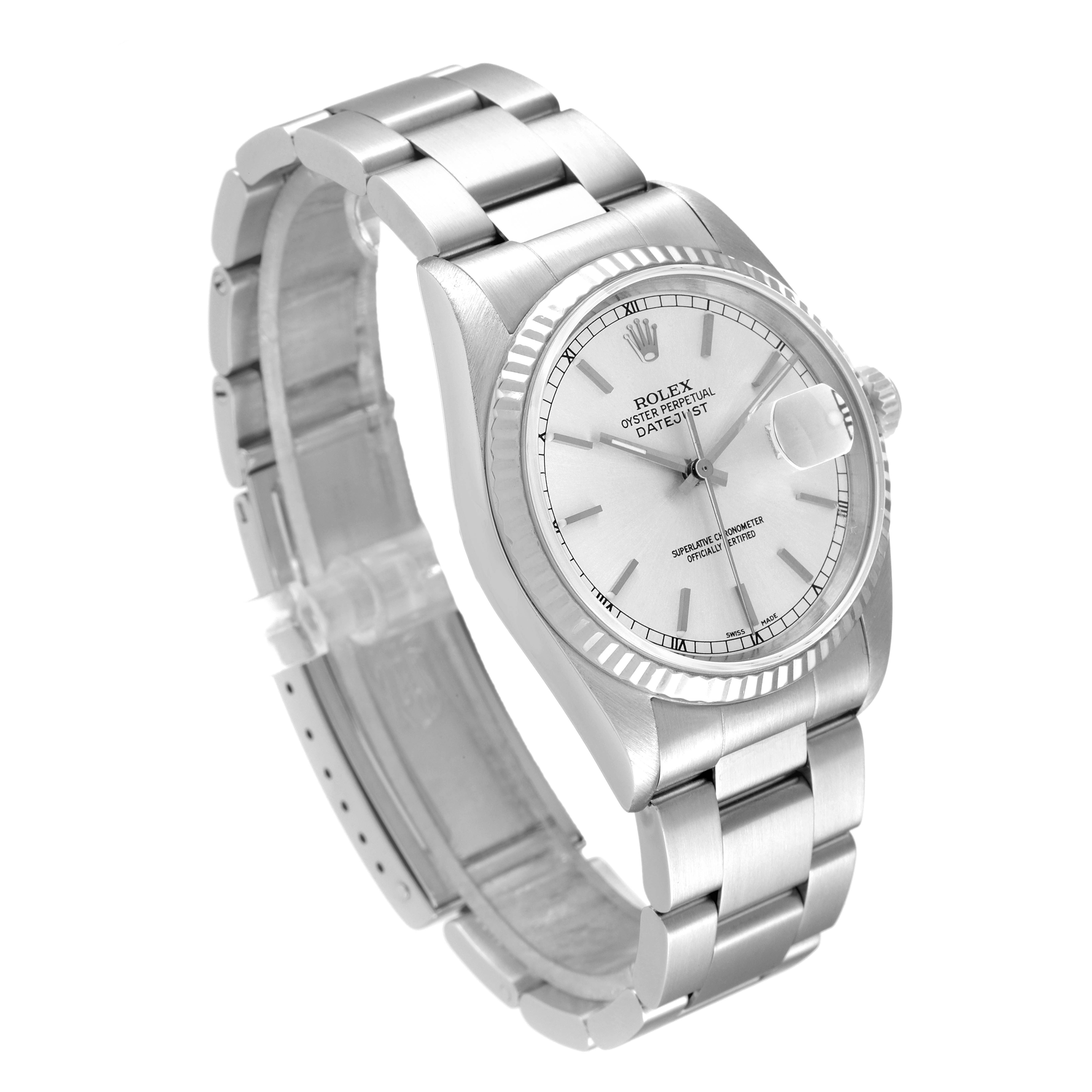 The Rolex Datejust 16234 Men's Stainless Steel Silver Dial 16234 Men's Stainless Steel Silver Dial watch is shown at an angled view, displaying the dial, bezel, bracelet, and partially open clasp.