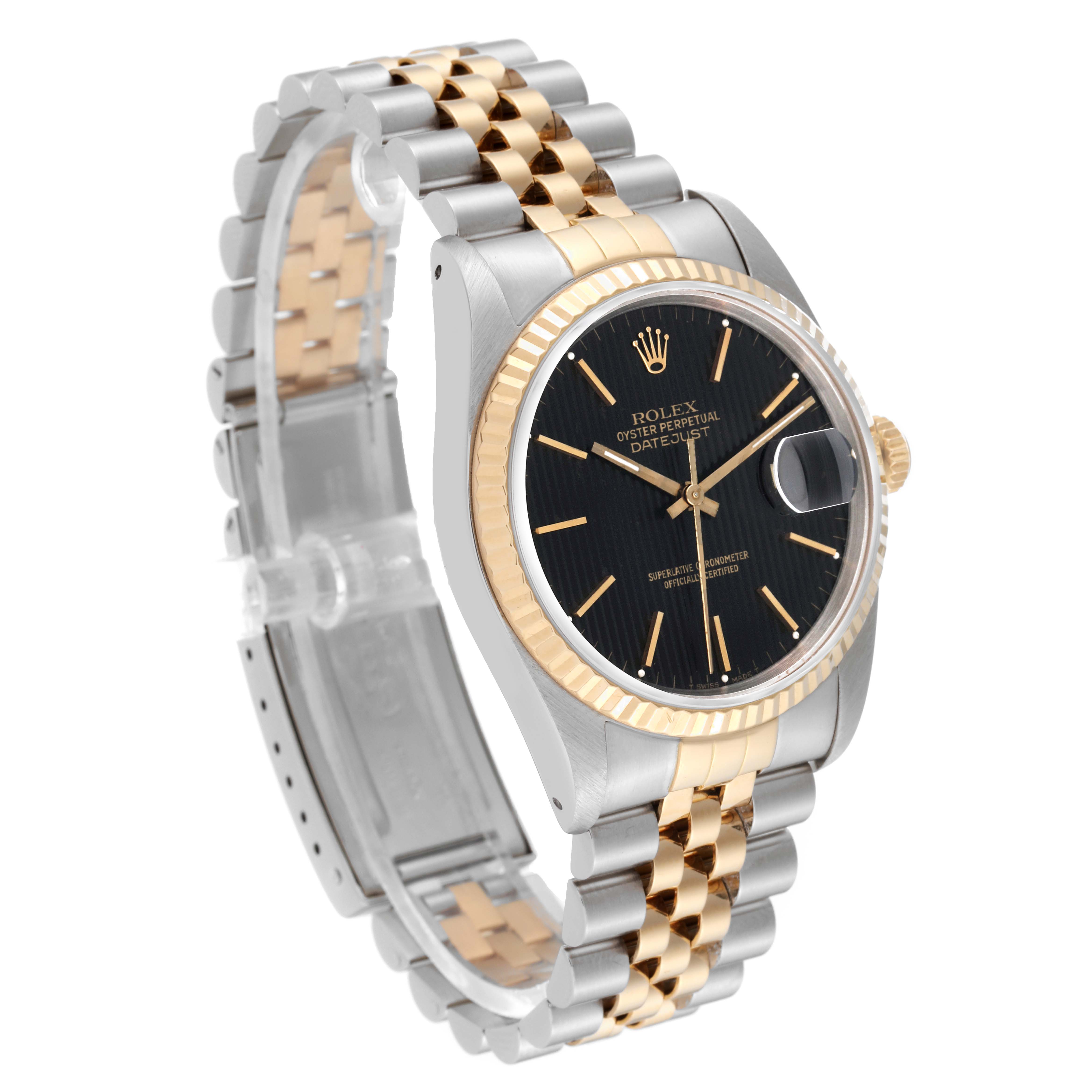 The Rolex Datejust 16233 Men's Steel and Gold (two tone) Black Dial 16233 Men's Steel and Gold (two tone) Black Dial watch is shown at a three-quarter angle, displaying its black dial, fluted bezel, and two-tone bracelet.