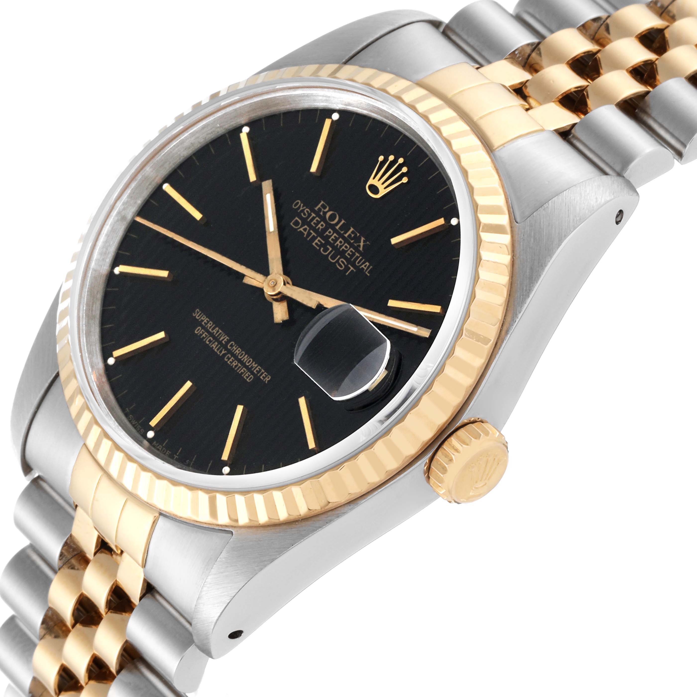The image shows a Rolex Datejust 16233 Men's Steel and Gold (two tone) Black Dial 16233 Men's Steel and Gold (two tone) Black Dial watch model from a three-quarter top-down angle, highlighting the dial, bezel, crown, and bracelet.