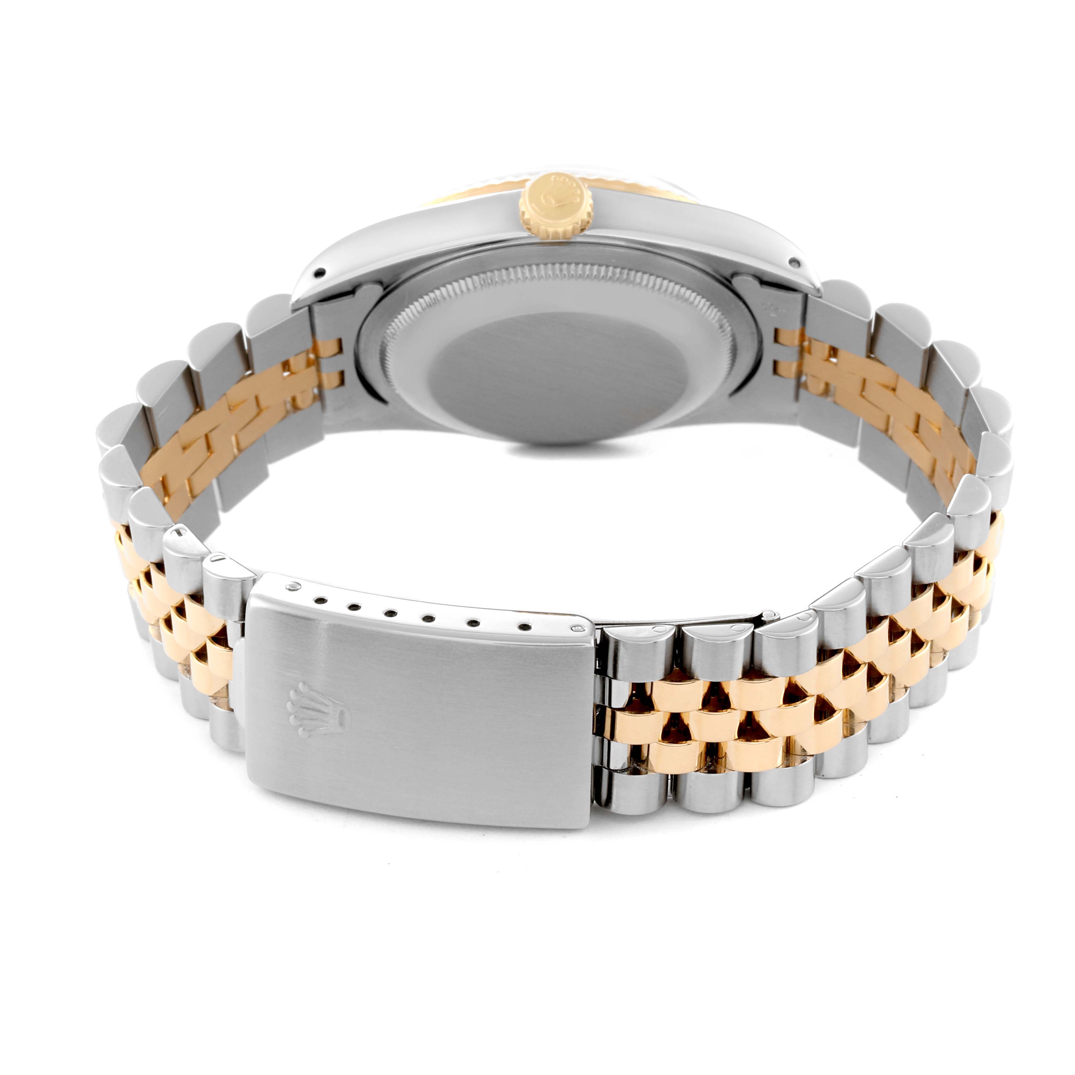 This image shows the back of the Rolex Datejust 16233 Men's Steel and Gold (two tone) Black Dial 16233 Men's Steel and Gold (two tone) Black Dial watch, highlighting its two-toned bracelet and clasp.