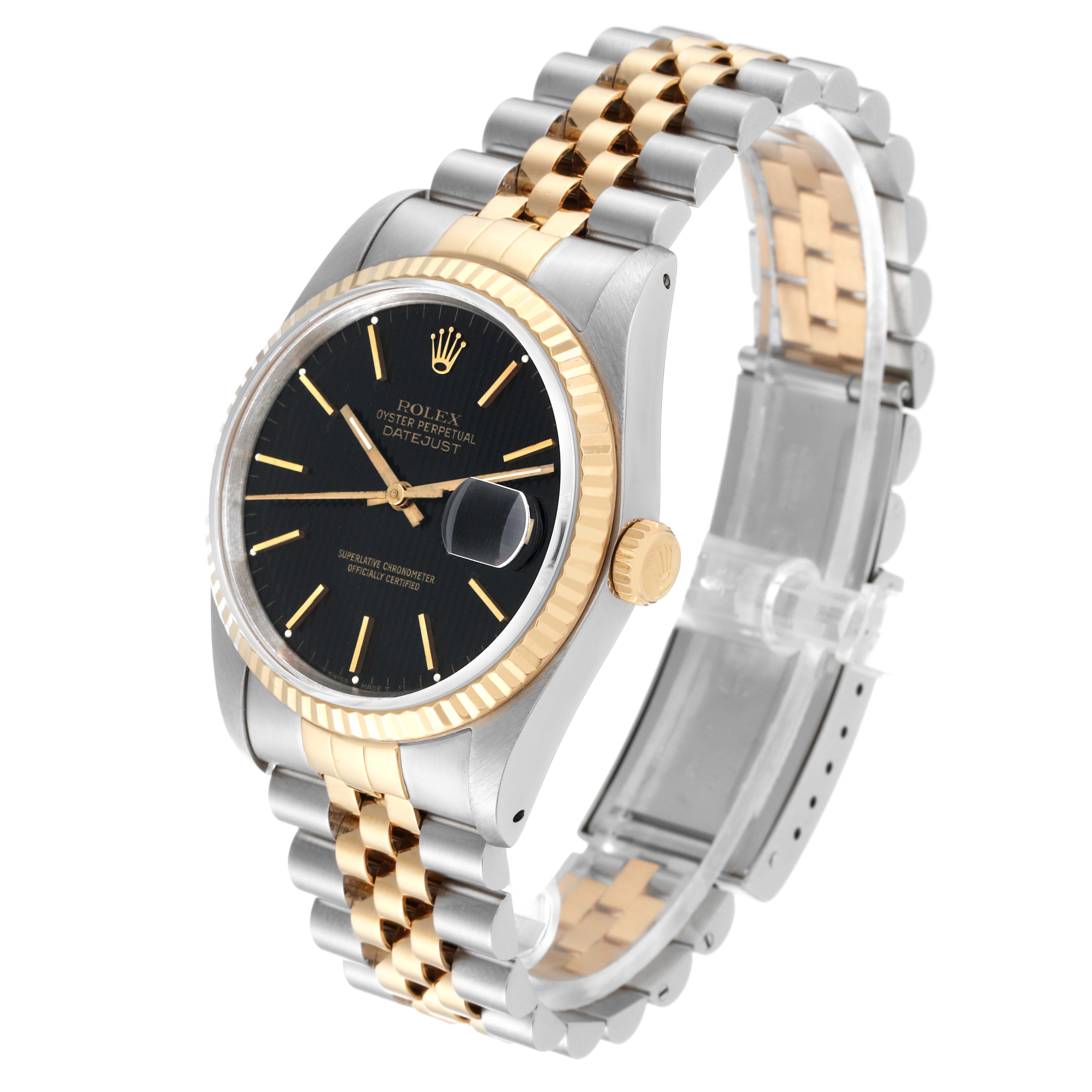 The Rolex Datejust 16233 Men's Steel and Gold (two tone) Black Dial 16233 Men's Steel and Gold (two tone) Black Dial watch is shown at an angled top view, displaying the dial, bezel, crown, and bracelet.