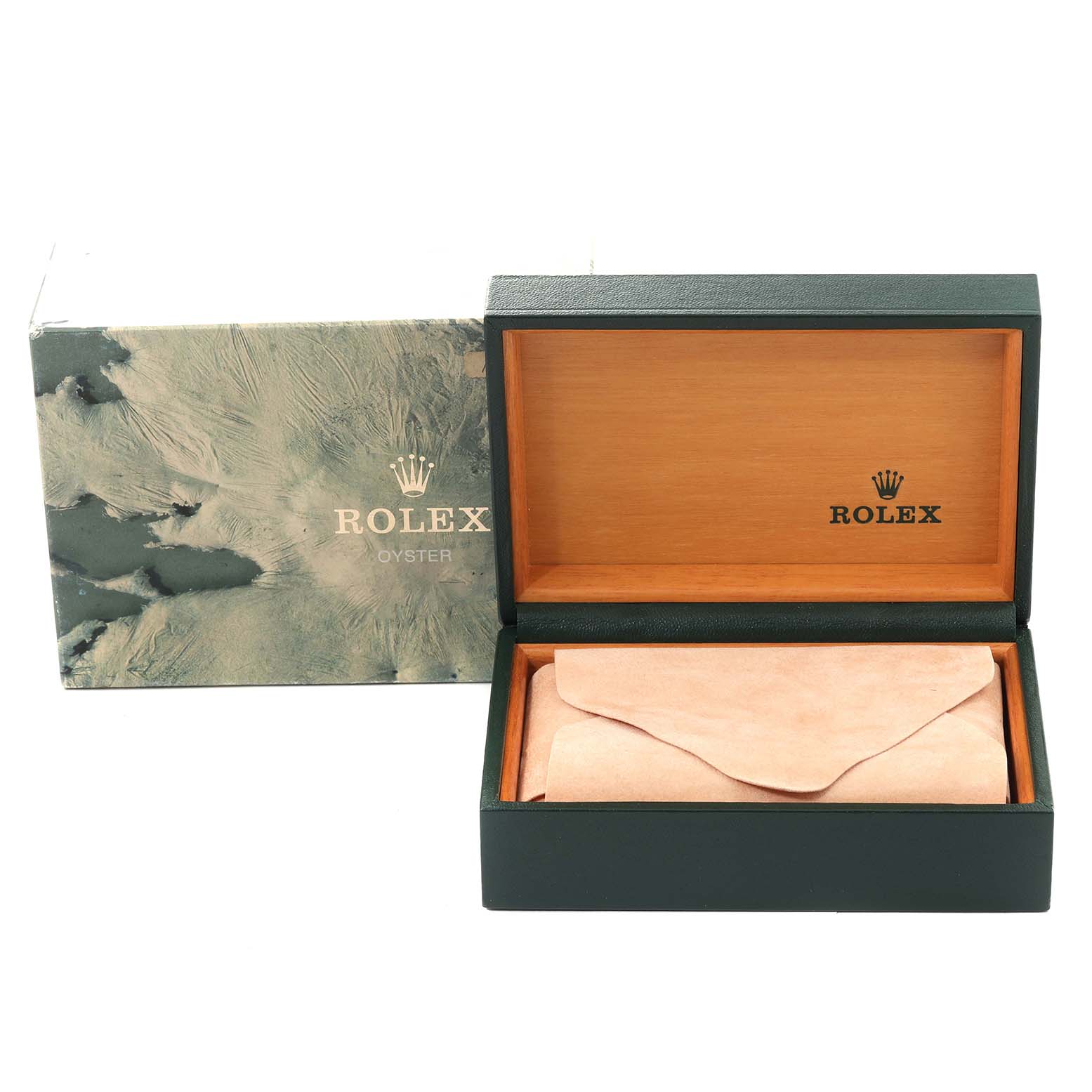 This image shows a Rolex Datejust 16233 Men's Steel and Gold (two tone) Black Dial 16233 Men's Steel and Gold (two tone) Black Dial watch box and an outer protective box.