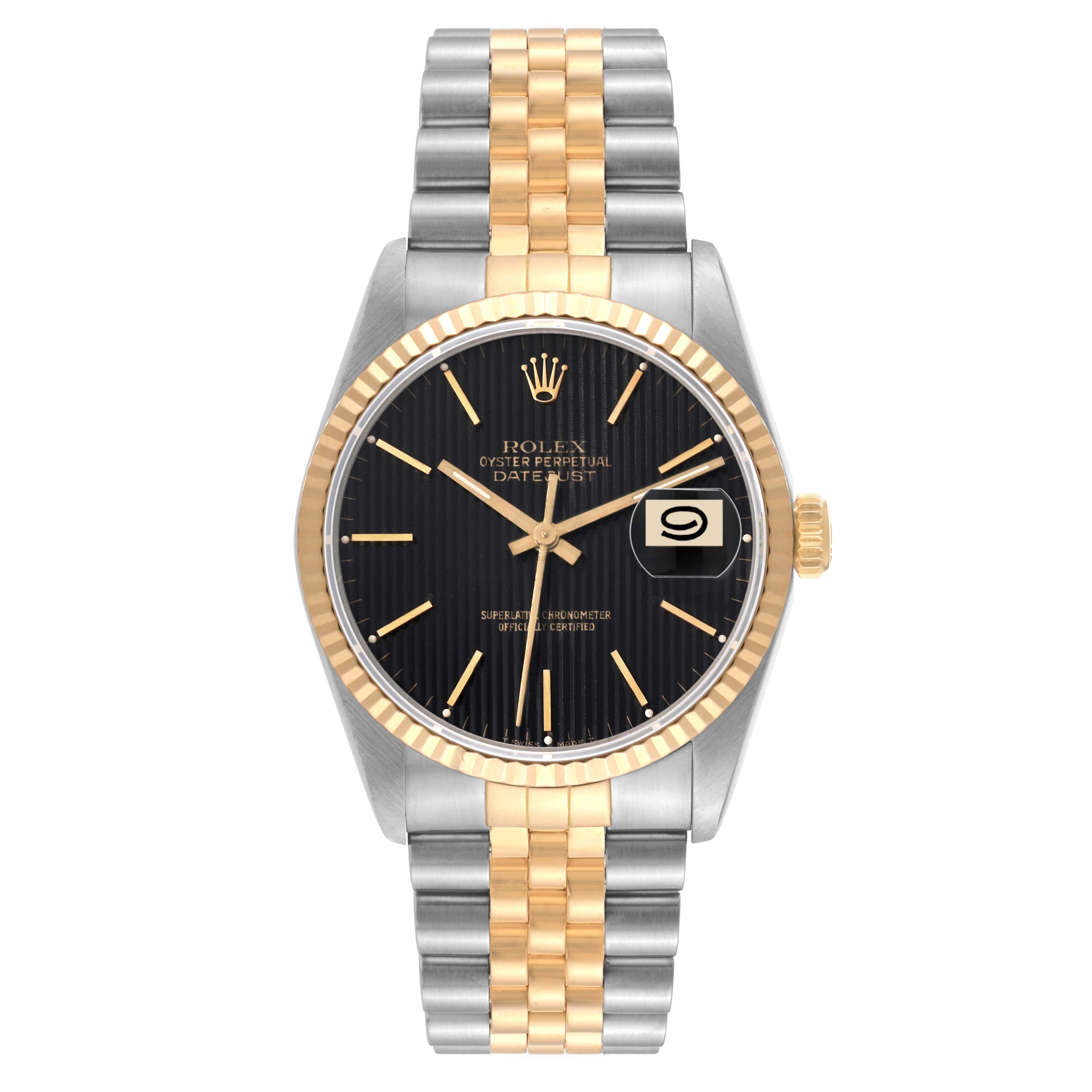 The image shows a Rolex Datejust 16233 Men's Steel and Gold (two tone) Black Dial 16233 Men's Steel and Gold (two tone) Black Dial watch from a front view, highlighting its two-tone bracelet, black dial, and fluted bezel.