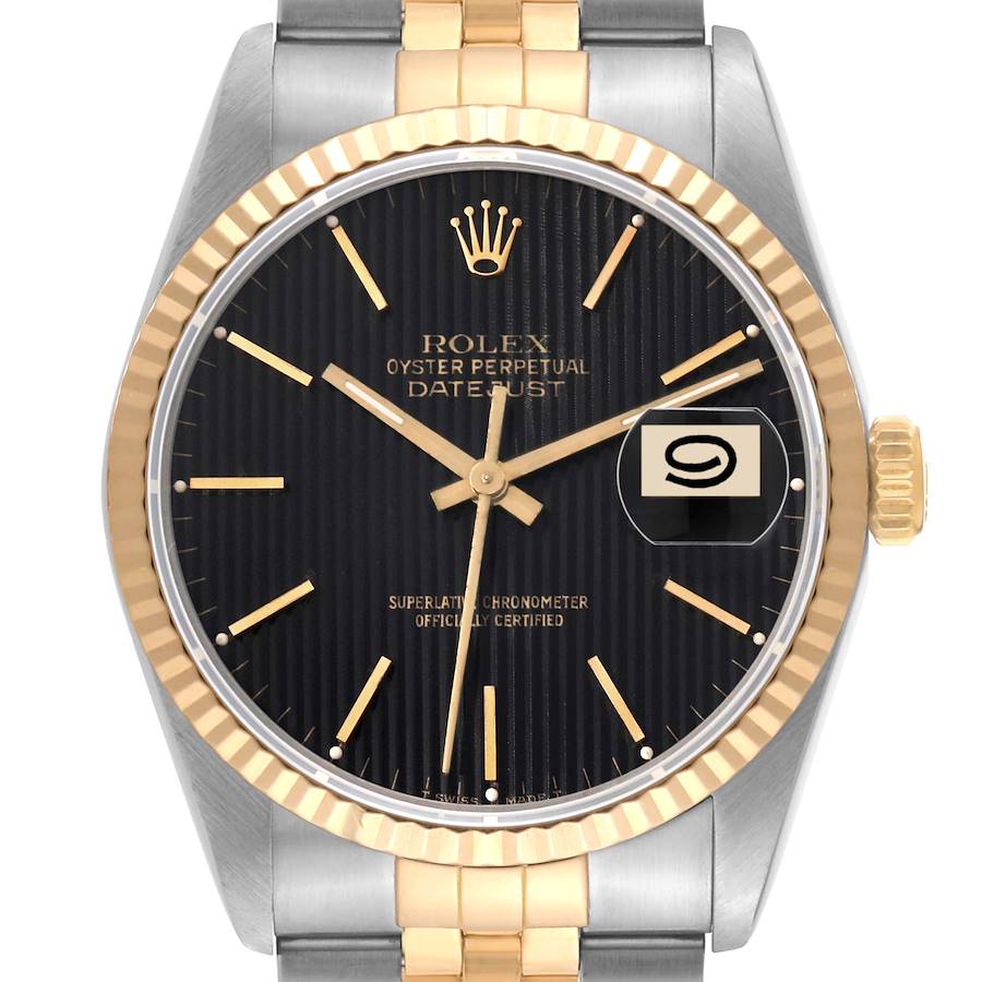 Rolex Datejust 36 Steel Yellow Gold Black Tapestry Dial Mens Watch 16233 SwissWatchExpo