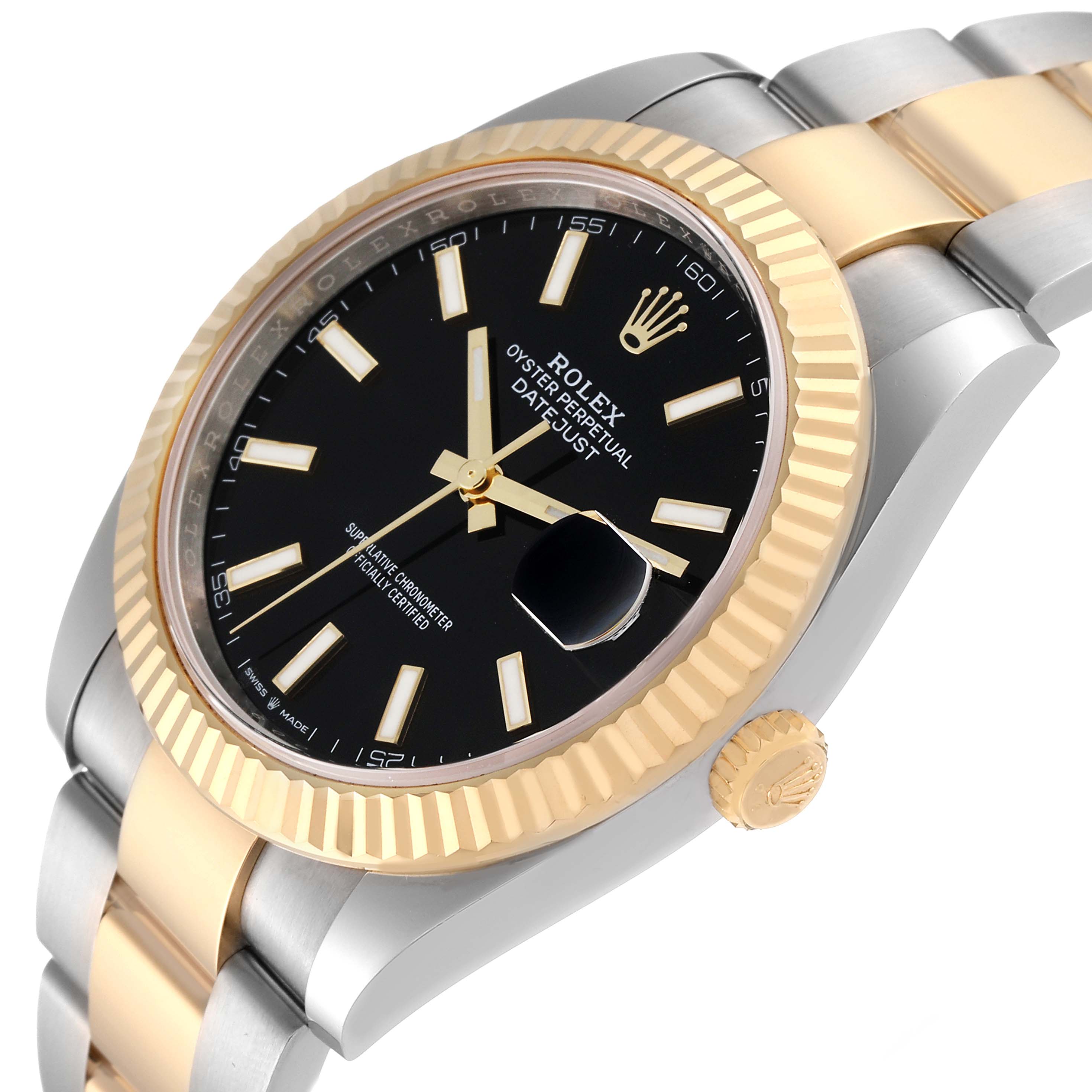 The image shows a Rolex Datejust 41 126333 Men's Steel and Gold (two tone) Black Dial 126333 Men's Steel and Gold (two tone) Black Dial watch at an angled view, highlighting its black dial, fluted bezel, and two-tone bracelet.