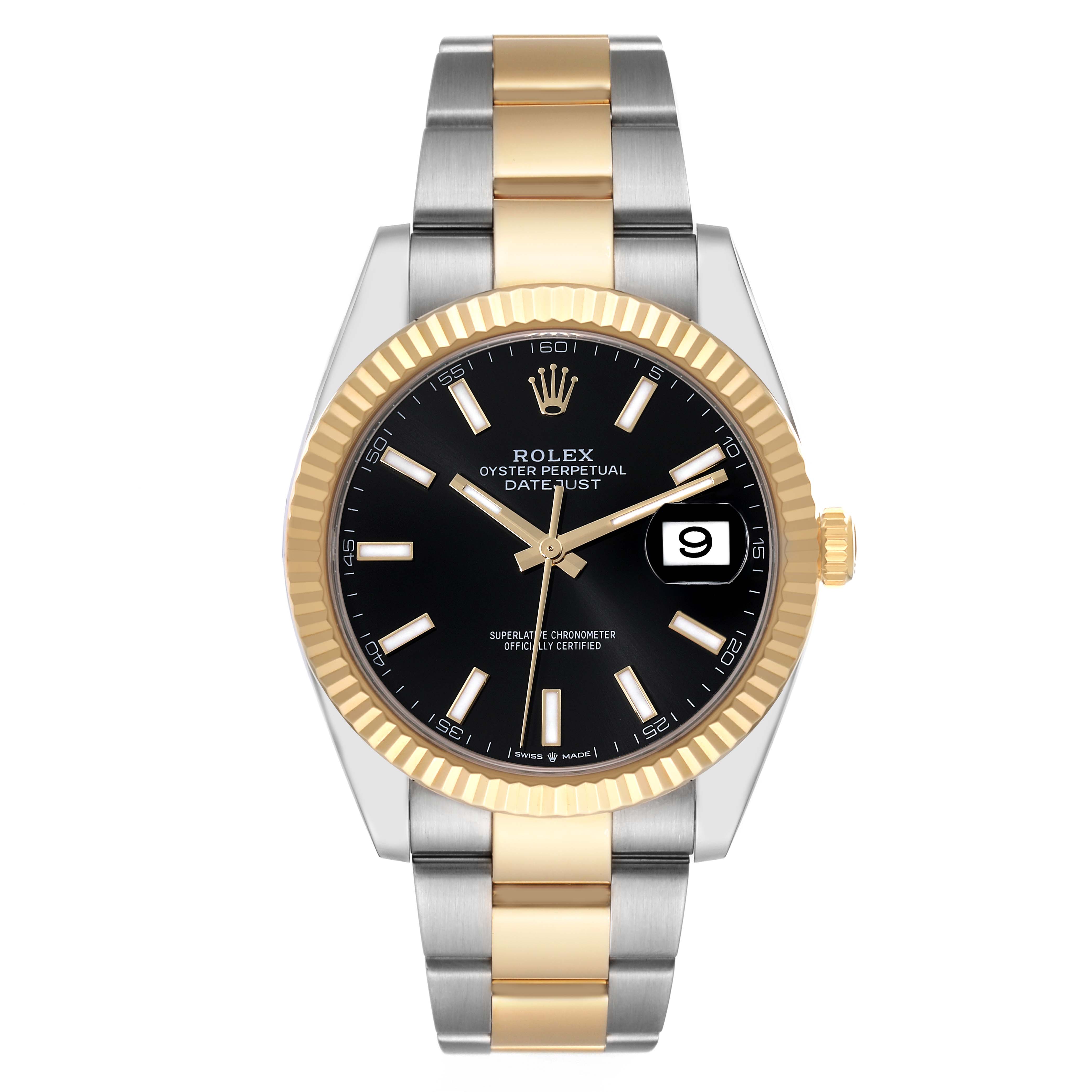 The image shows a front view of a Rolex Datejust 41 126333 Men's Steel and Gold (two tone) Black Dial 126333 Men's Steel and Gold (two tone) Black Dial, featuring a black dial, fluted bezel, and a two-tone metal bracelet.