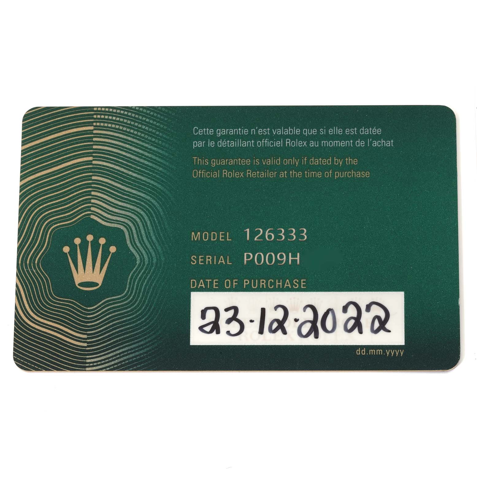This image shows a green Rolex guarantee card for the Datejust 41 model with model number 126333 and purchase date 23-12-2022.