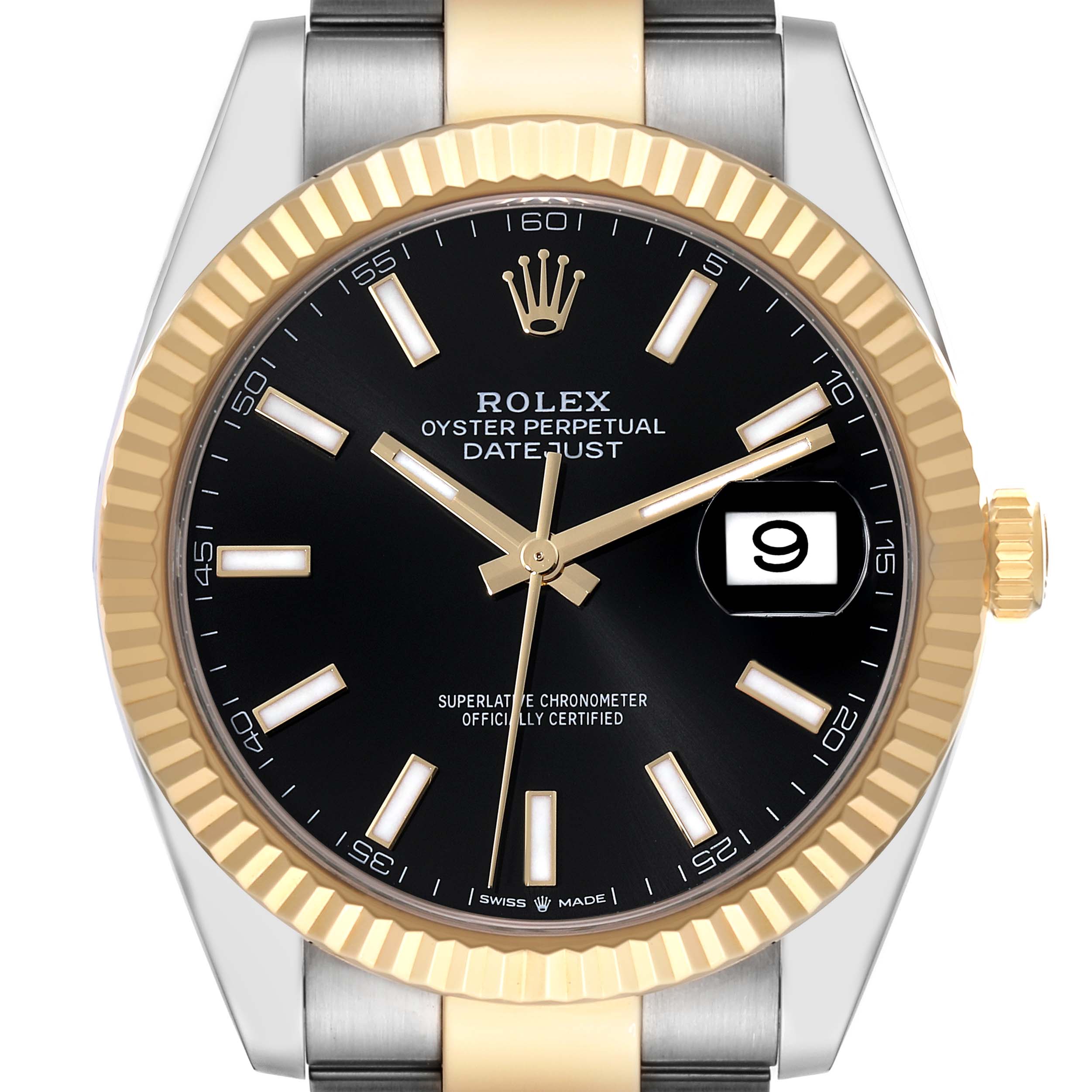 This image shows a front view of the Rolex Datejust 41 126333 Men's Steel and Gold (two tone) Black Dial 126333 Men's Steel and Gold (two tone) Black Dial watch, highlighting the dial, bezel, and part of the bracelet.
