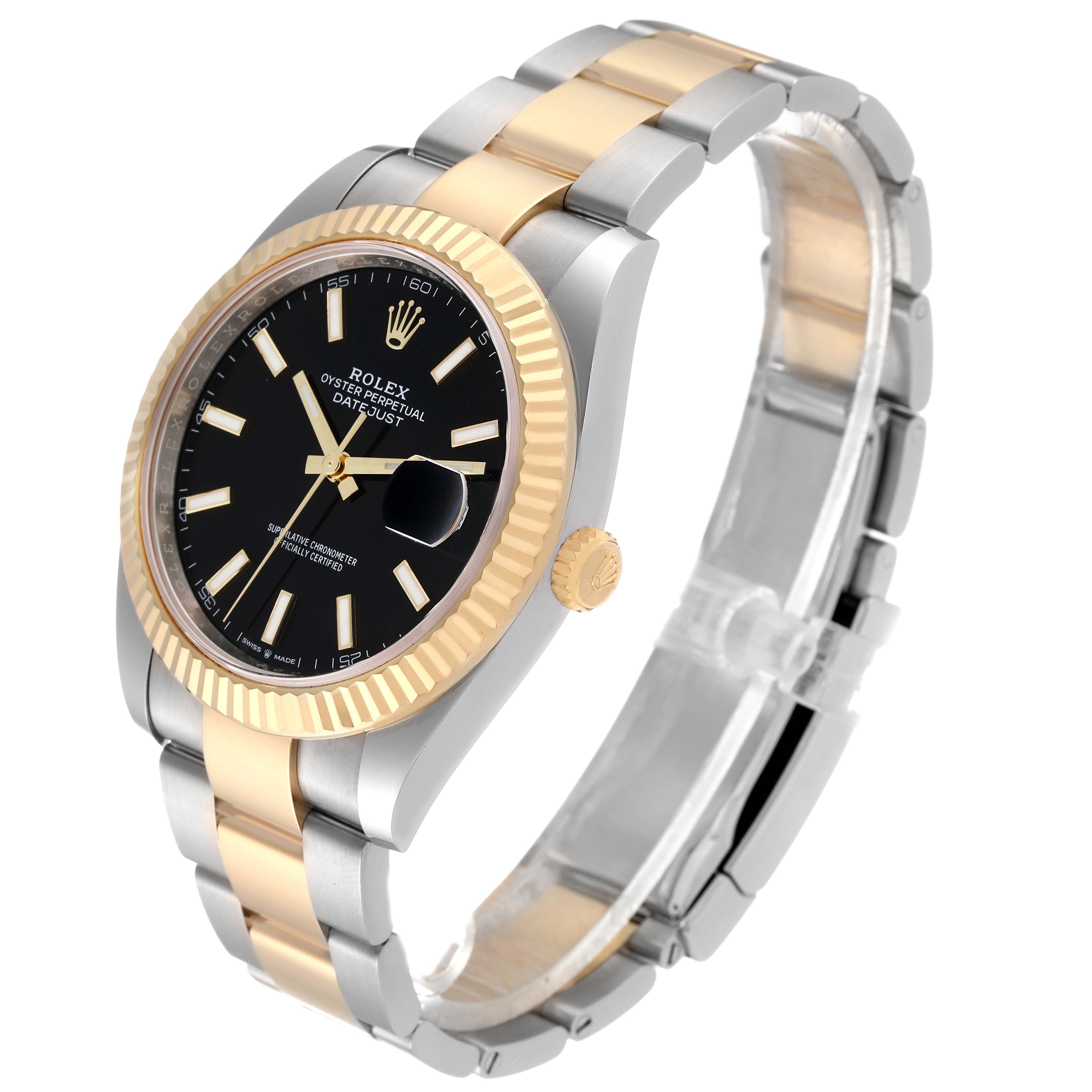 The image shows a Rolex Datejust 41 126333 Men's Steel and Gold (two tone) Black Dial 126333 Men's Steel and Gold (two tone) Black Dial watch viewed from a front-left angle, highlighting the two-tone bracelet, black dial, and fluted bezel.