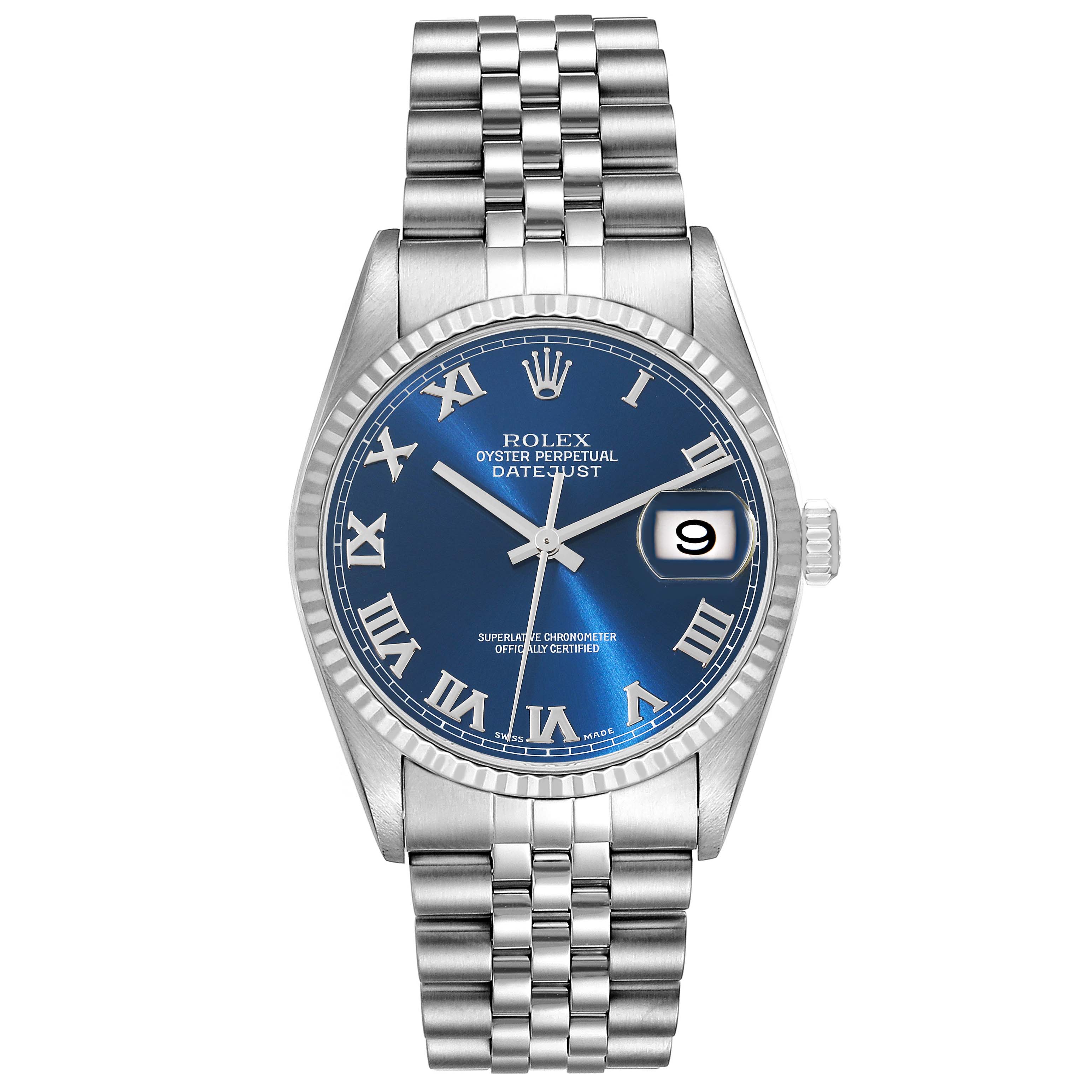 The image shows a frontal view of a Rolex Datejust 16234 Men's Stainless Steel Blue Dial 16234 Men's Stainless Steel Blue Dial watch with a blue dial, Roman numerals, and a Jubilee bracelet.