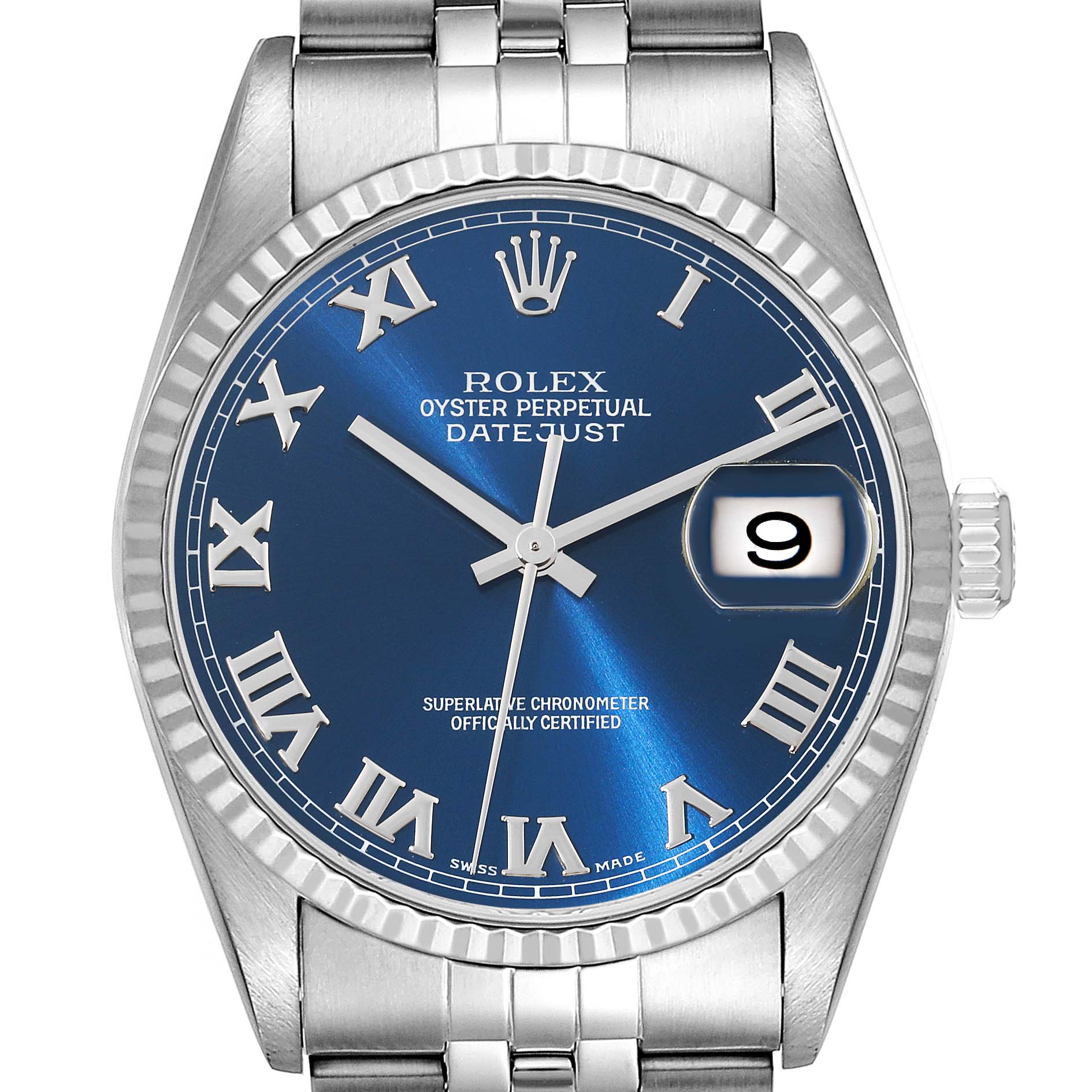 This image shows a front view of a Rolex Datejust 16234 Men's Stainless Steel Blue Dial 16234 Men's Stainless Steel Blue Dial watch, highlighting the blue dial, Roman numerals, date window, and fluted bezel.