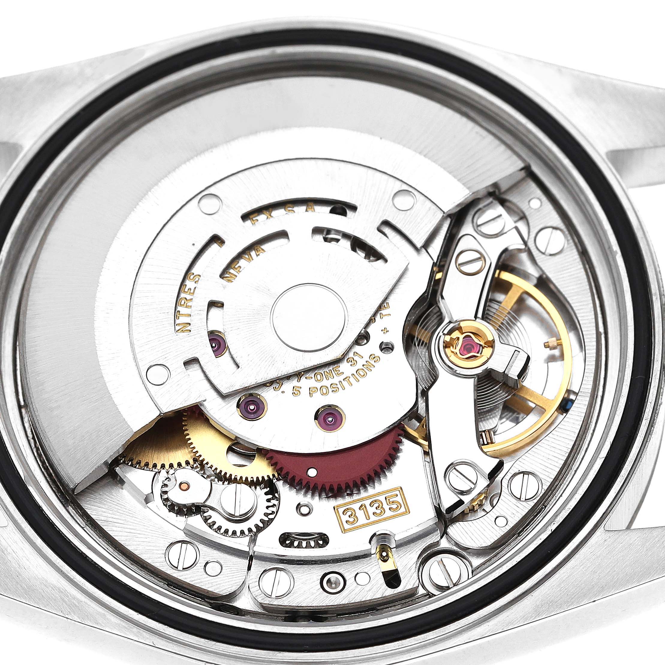 The image shows the internal mechanism and movement parts of a Rolex Datejust 16234 Men's Stainless Steel Blue Dial 16234 Men's Stainless Steel Blue Dial watch from a top-down angle.
