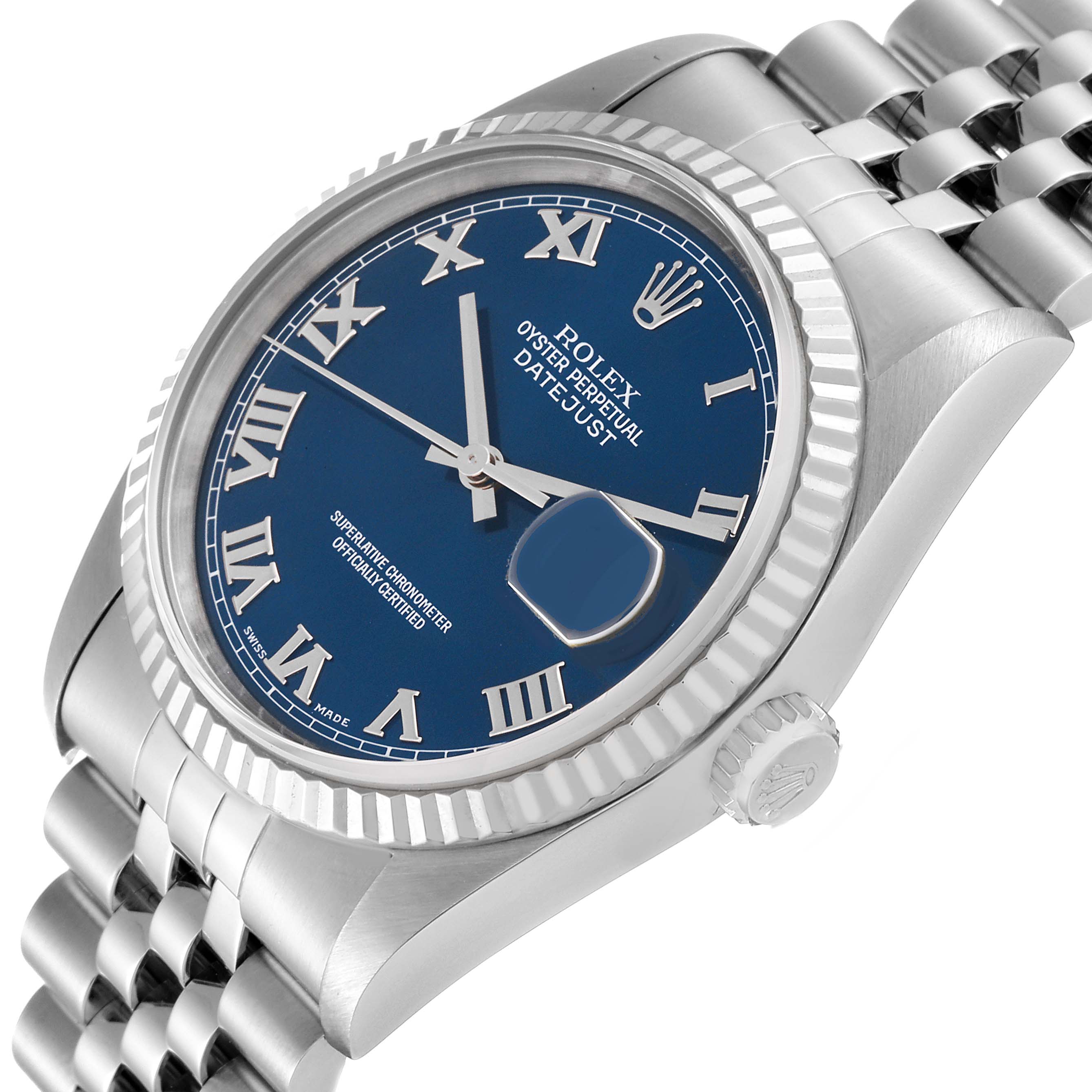 The image shows a Rolex Datejust 16234 Men's Stainless Steel Blue Dial 16234 Men's Stainless Steel Blue Dial watch at a slight angle, highlighting the dial, bezel, crown, and part of the bracelet.