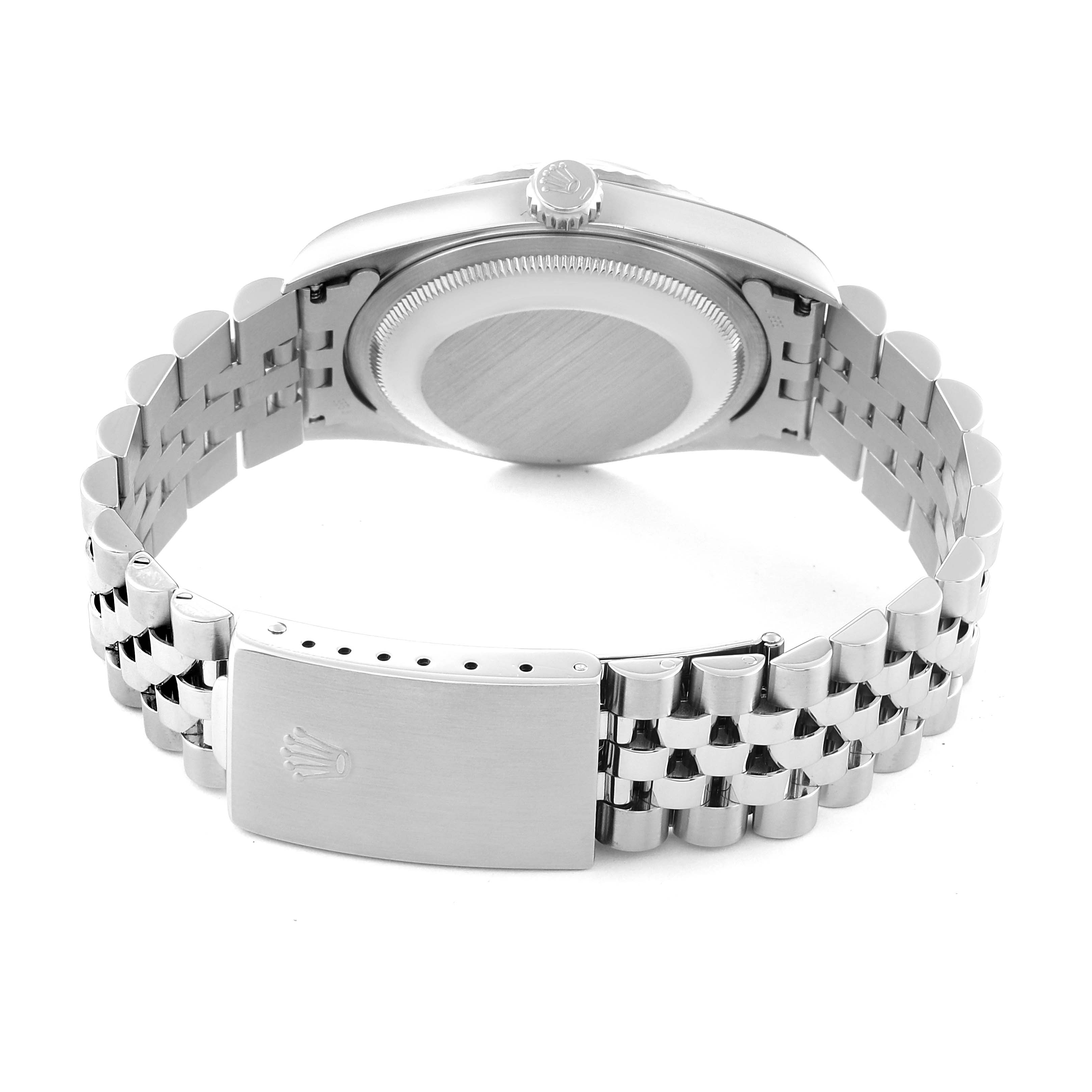 This image shows the back of a Rolex Datejust 16234 Men's Stainless Steel Blue Dial 16234 Men's Stainless Steel Blue Dial watch, displaying the clasp, bracelet, case back, and crown.