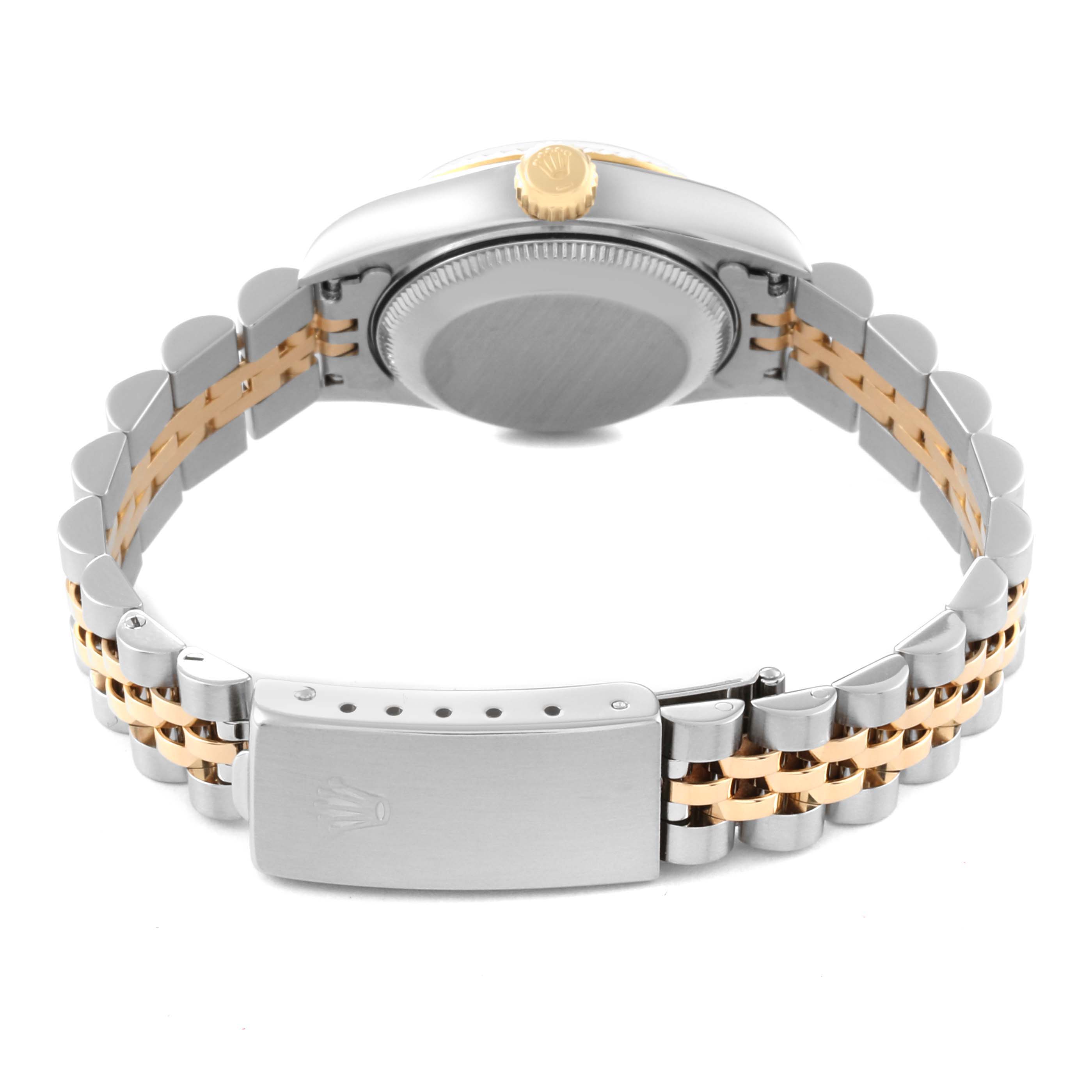 The image shows the back of a Rolex Datejust 69173 Women's Steel and Gold (two tone) Champagne Dial 69173 Women's Steel and Gold (two tone) Champagne Dial watch, highlighting the case back, crown, and two-tone bracelet with clasp.