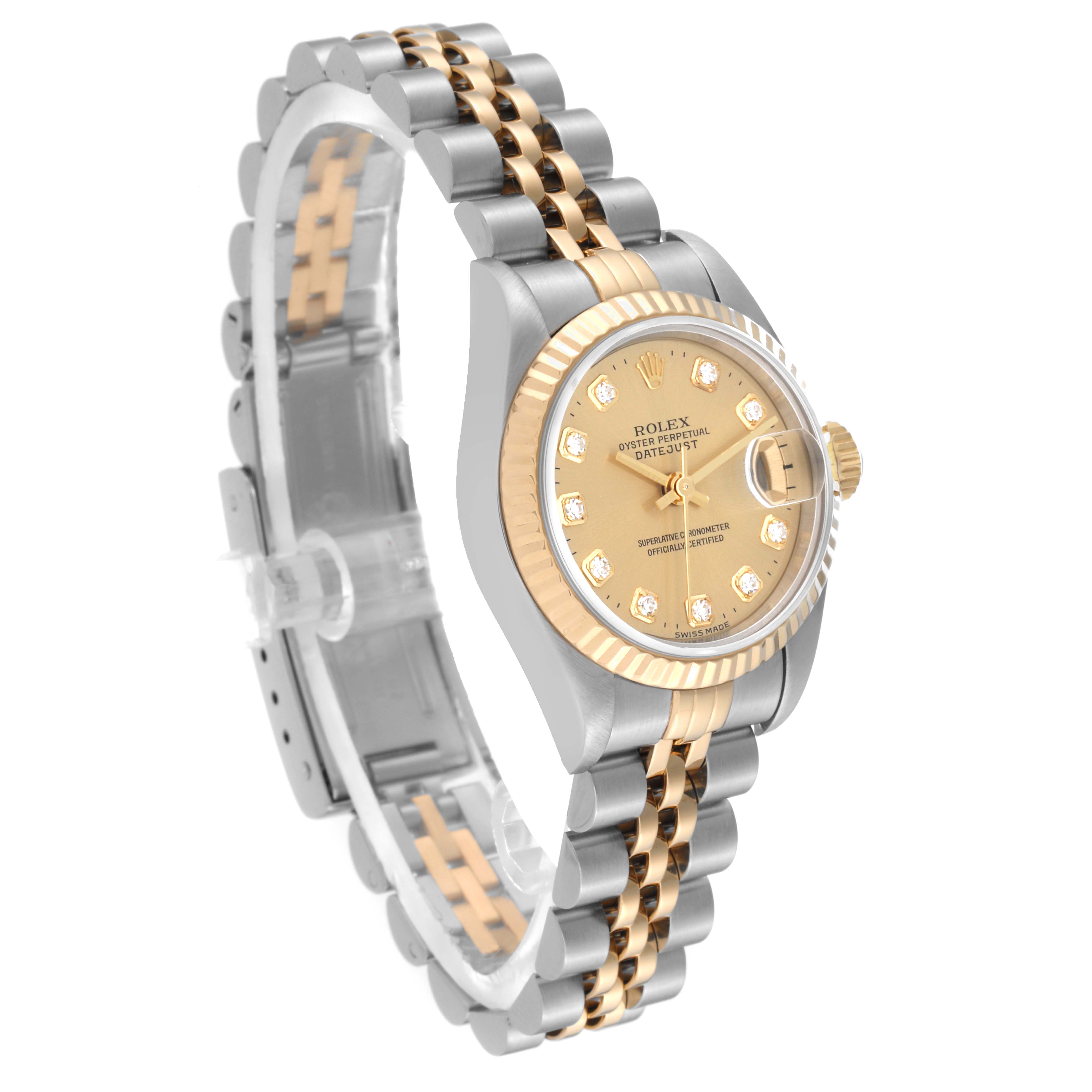 The Rolex Datejust 69173 Women's Steel and Gold (two tone) Champagne Dial 69173 Women's Steel and Gold (two tone) Champagne Dial watch is shown at an angle highlighting the face, bezel, crown, and a portion of the bracelet.