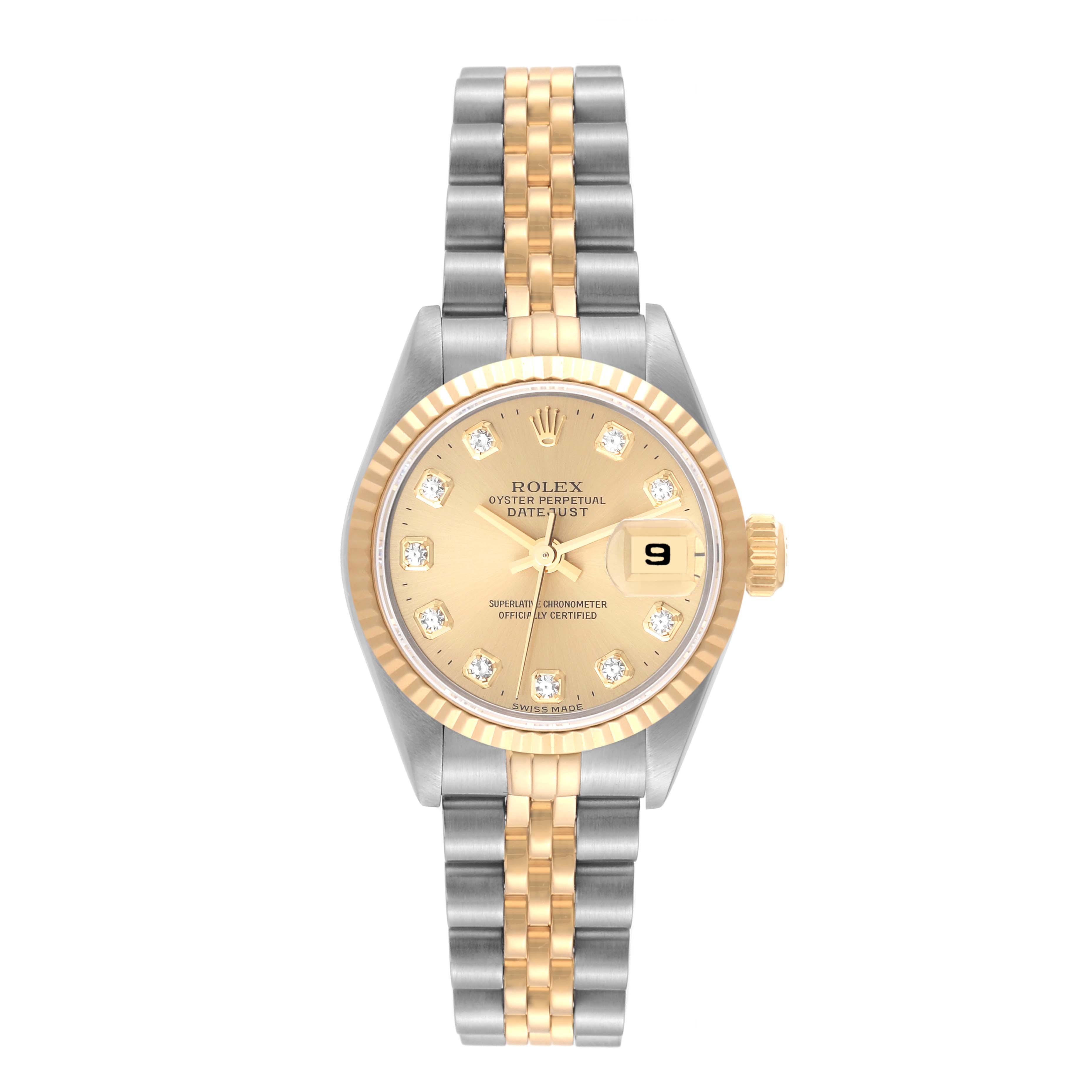 The image shows a front view of a Rolex Datejust 69173 Women's Steel and Gold (two tone) Champagne Dial 69173 Women's Steel and Gold (two tone) Champagne Dial watch with a two-tone bracelet, fluted bezel, and date display.