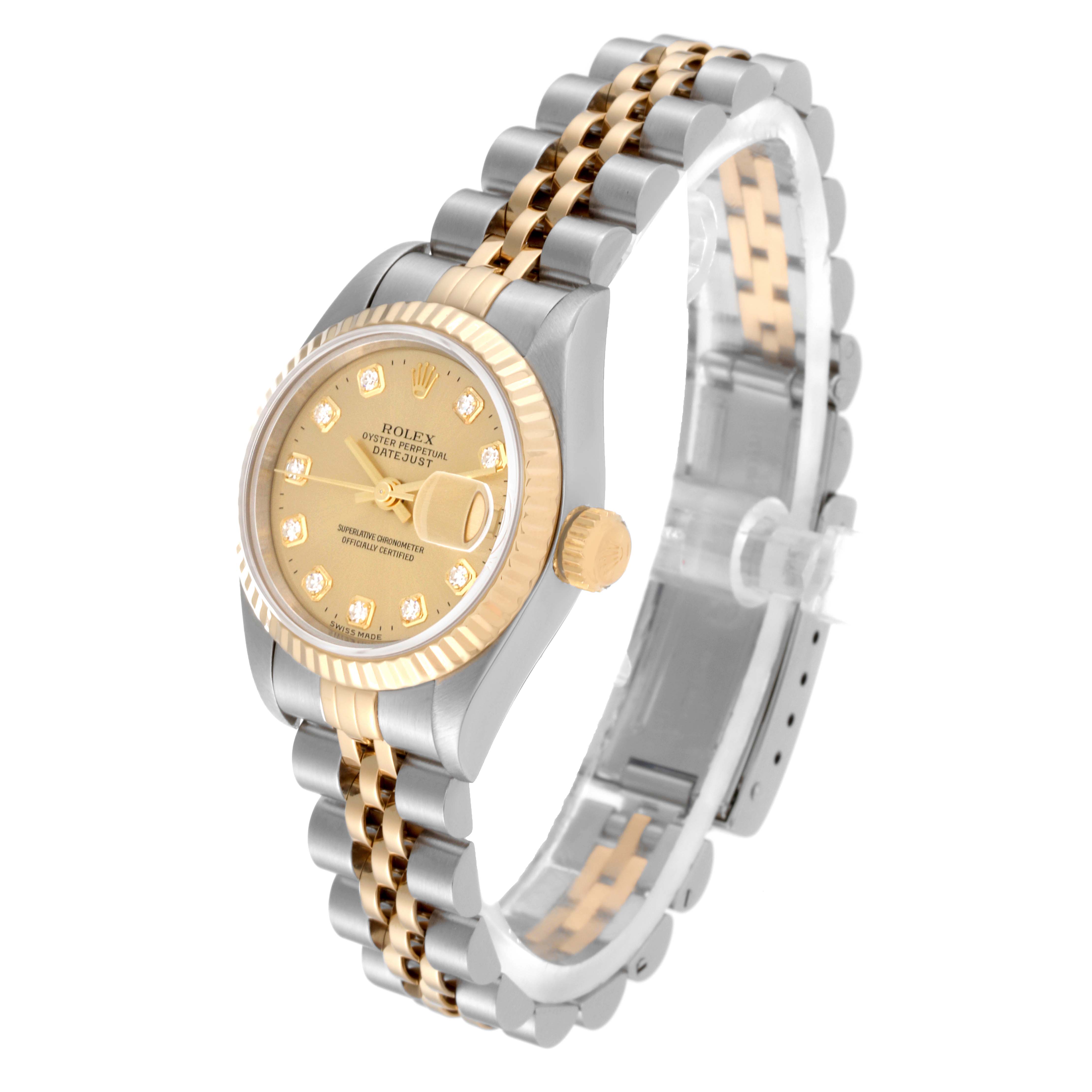 The image shows a Rolex Datejust 69173 Women's Steel and Gold (two tone) Champagne Dial 69173 Women's Steel and Gold (two tone) Champagne Dial model watch at an angled side view, displaying the face, bezel, and two-tone bracelet.