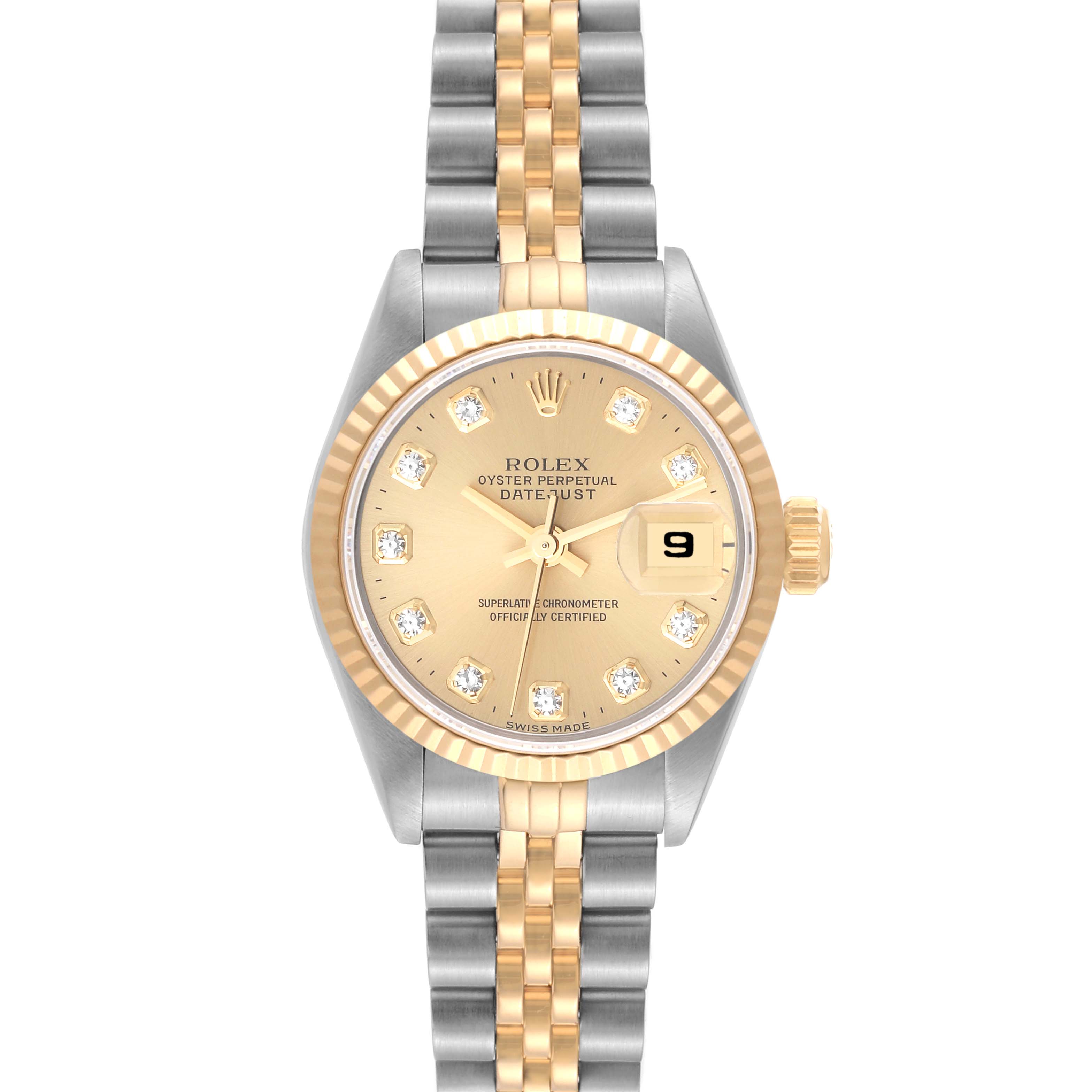 This image shows a front view of a Rolex Datejust 69173 Women's Steel and Gold (two tone) Champagne Dial 69173 Women's Steel and Gold (two tone) Champagne Dial watch, highlighting its dial, bezel, and two-tone bracelet.