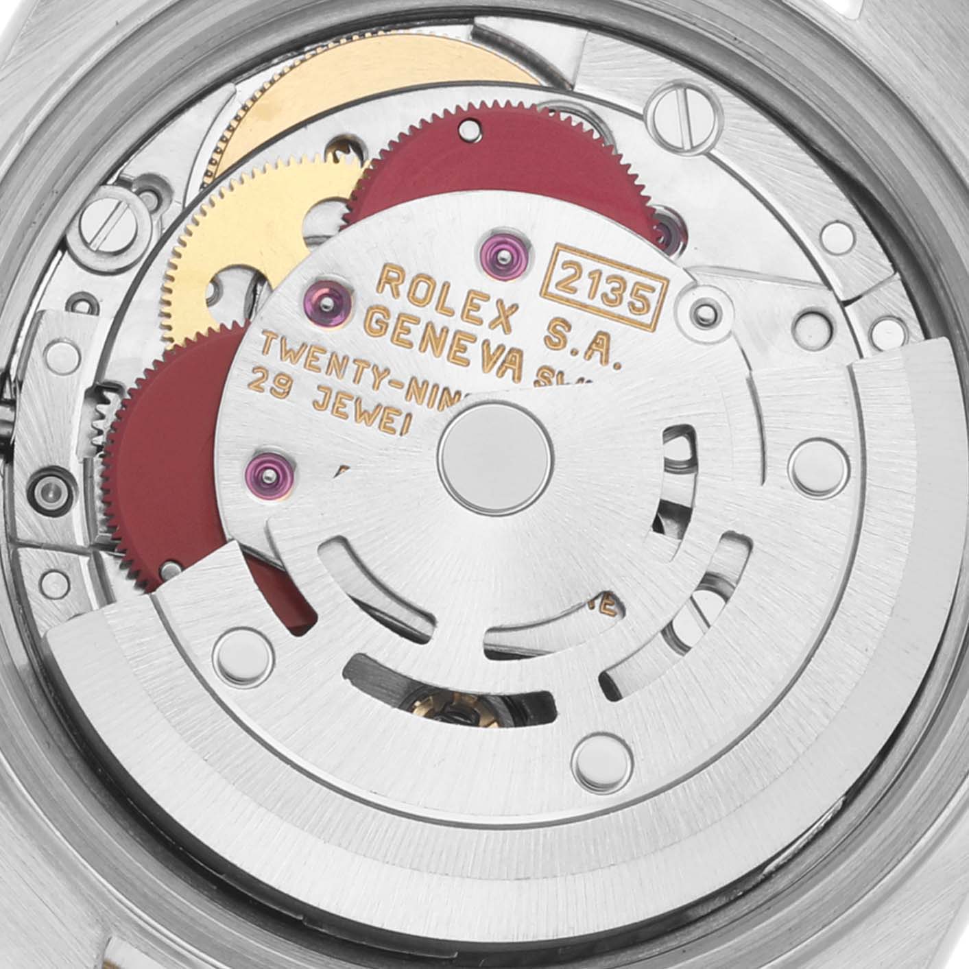 This close-up shows the intricate inner mechanical movement of a Rolex Datejust 69173 Women's Steel and Gold (two tone) Champagne Dial 69173 Women's Steel and Gold (two tone) Champagne Dial watch.