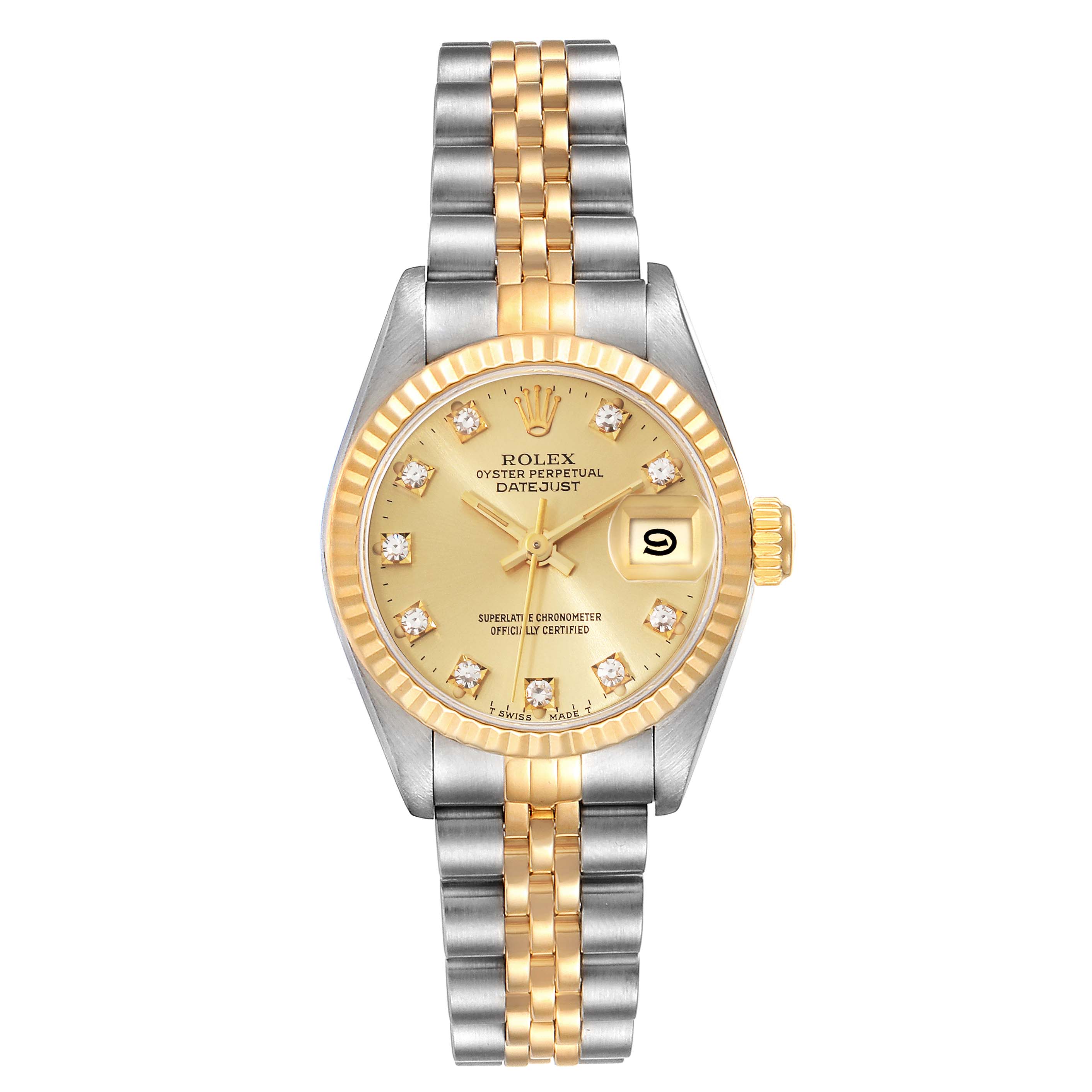 This Rolex Datejust 69173 Women's Steel and Gold (two tone) Champagne Dial 69173 Women's Steel and Gold (two tone) Champagne Dial watch is shown from a top-down angle, displaying its dial, bezel, crown, and bracelet.