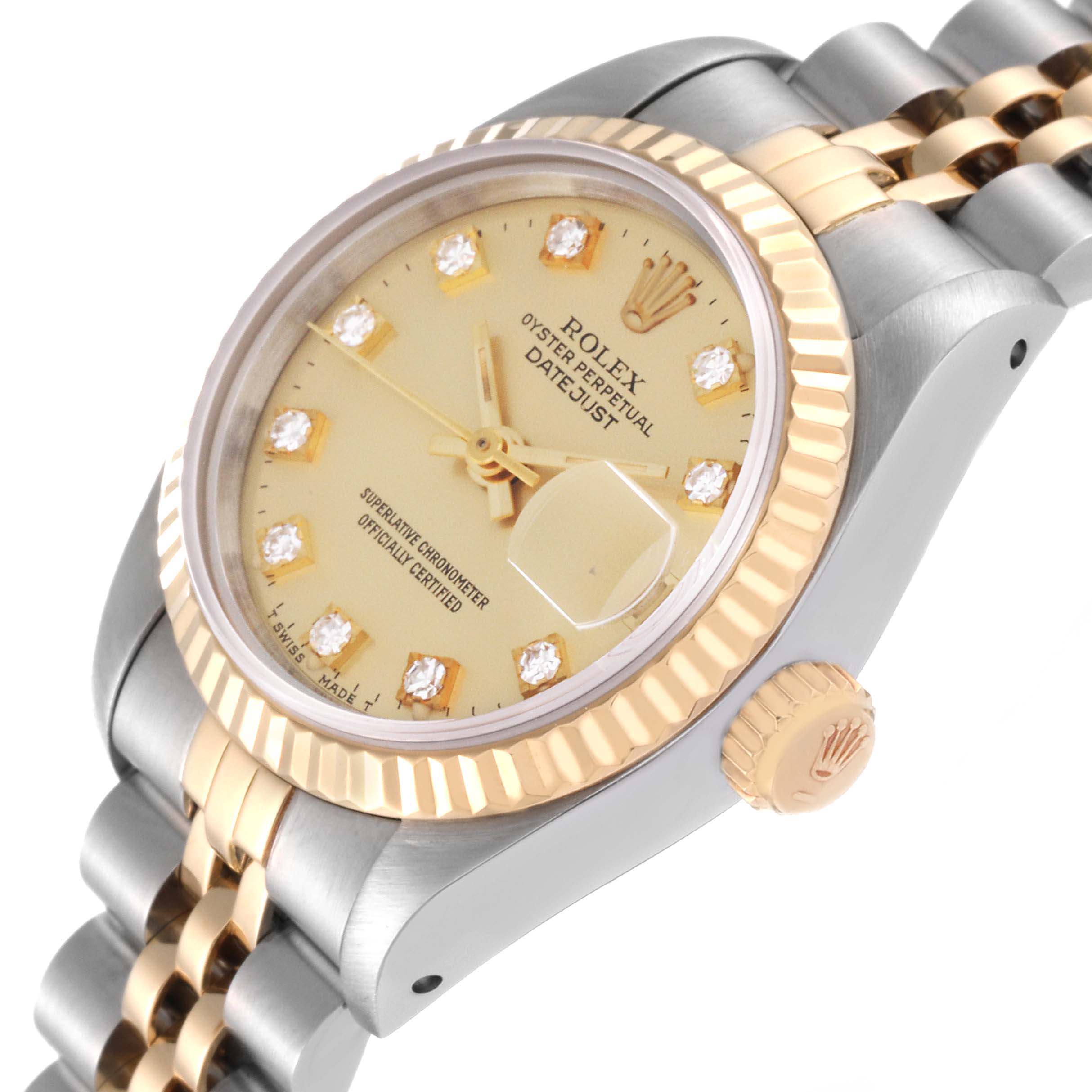 The image shows a close-up of the Rolex Datejust 69173 Women's Steel and Gold (two tone) Champagne Dial 69173 Women's Steel and Gold (two tone) Champagne Dial watch at an angle, highlighting the dial, bezel, crown, and part of the two-tone bracelet.
