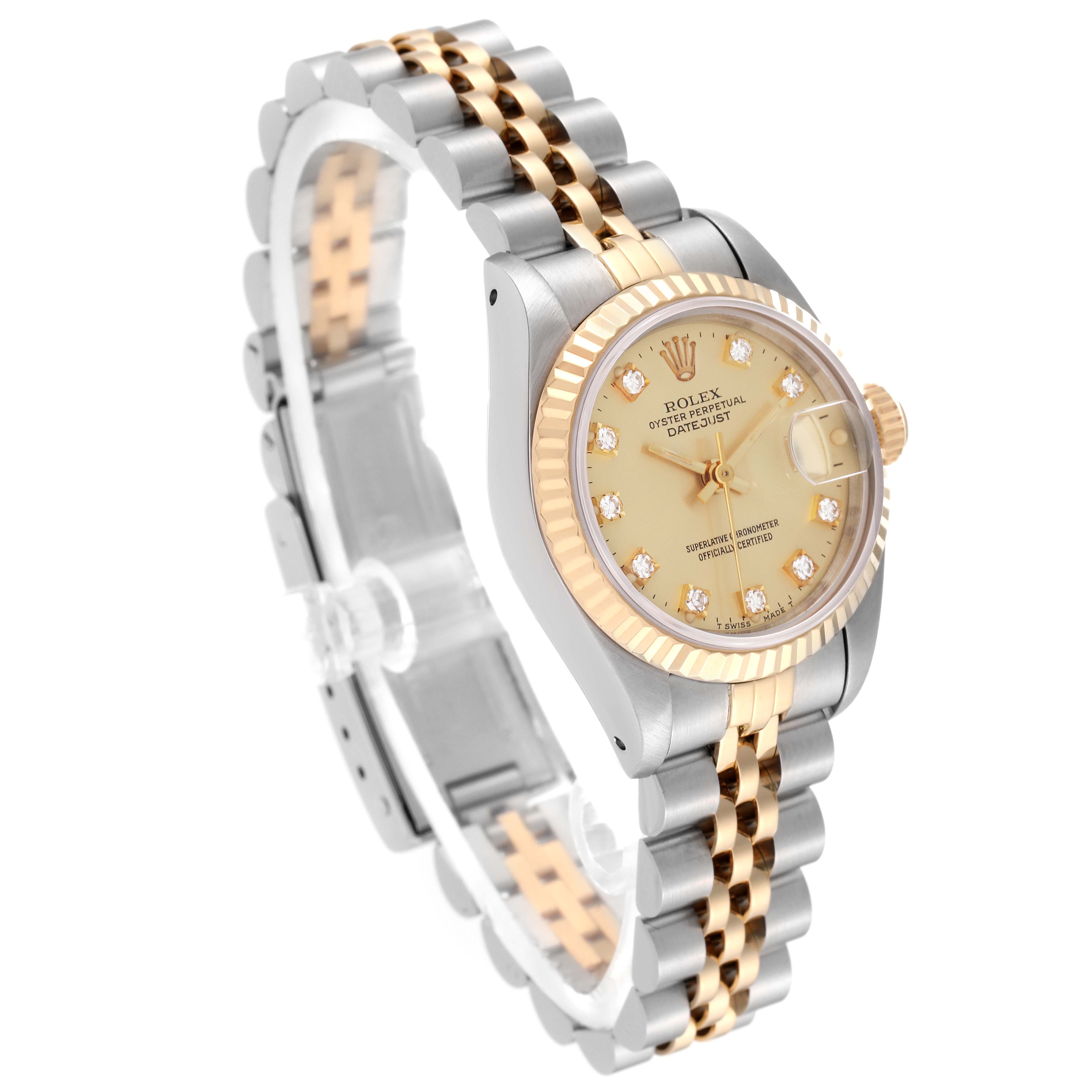 The Rolex Datejust 69173 Women's Steel and Gold (two tone) Champagne Dial 69173 Women's Steel and Gold (two tone) Champagne Dial watch is shown from a three-quarter angle, displaying the gold and silver bracelet, bezel, and dial.