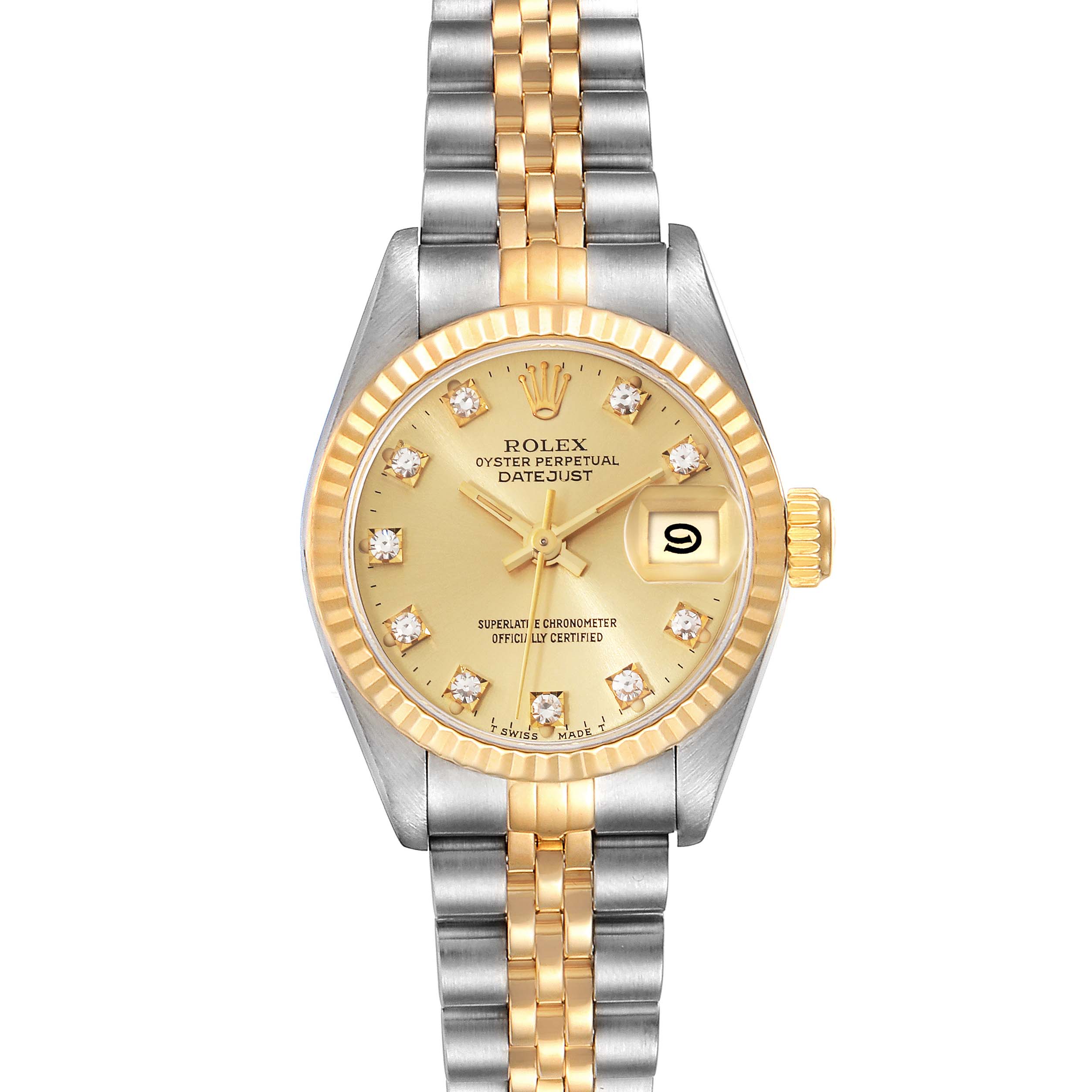 The image shows a frontal view of a Rolex Datejust 69173 Women's Steel and Gold (two tone) Champagne Dial 69173 Women's Steel and Gold (two tone) Champagne Dial watch, highlighting its gold dial, diamond markers, and two-tone bracelet.