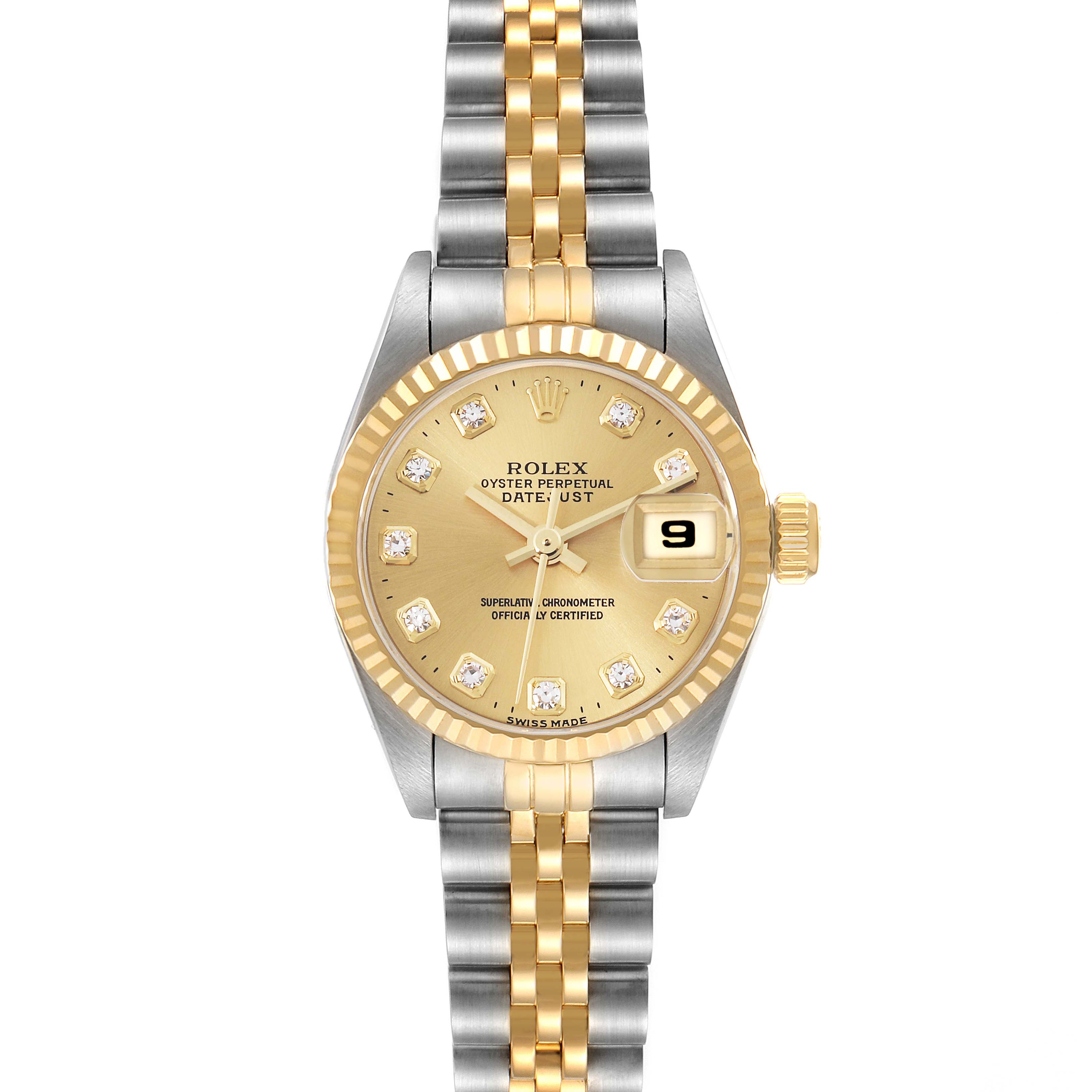 This image shows a front view of the Rolex Datejust 69173 Women's Steel and Gold (two tone) Champagne Dial 69173 Women's Steel and Gold (two tone) Champagne Dial with a two-tone bracelet and a gold dial displaying the date.