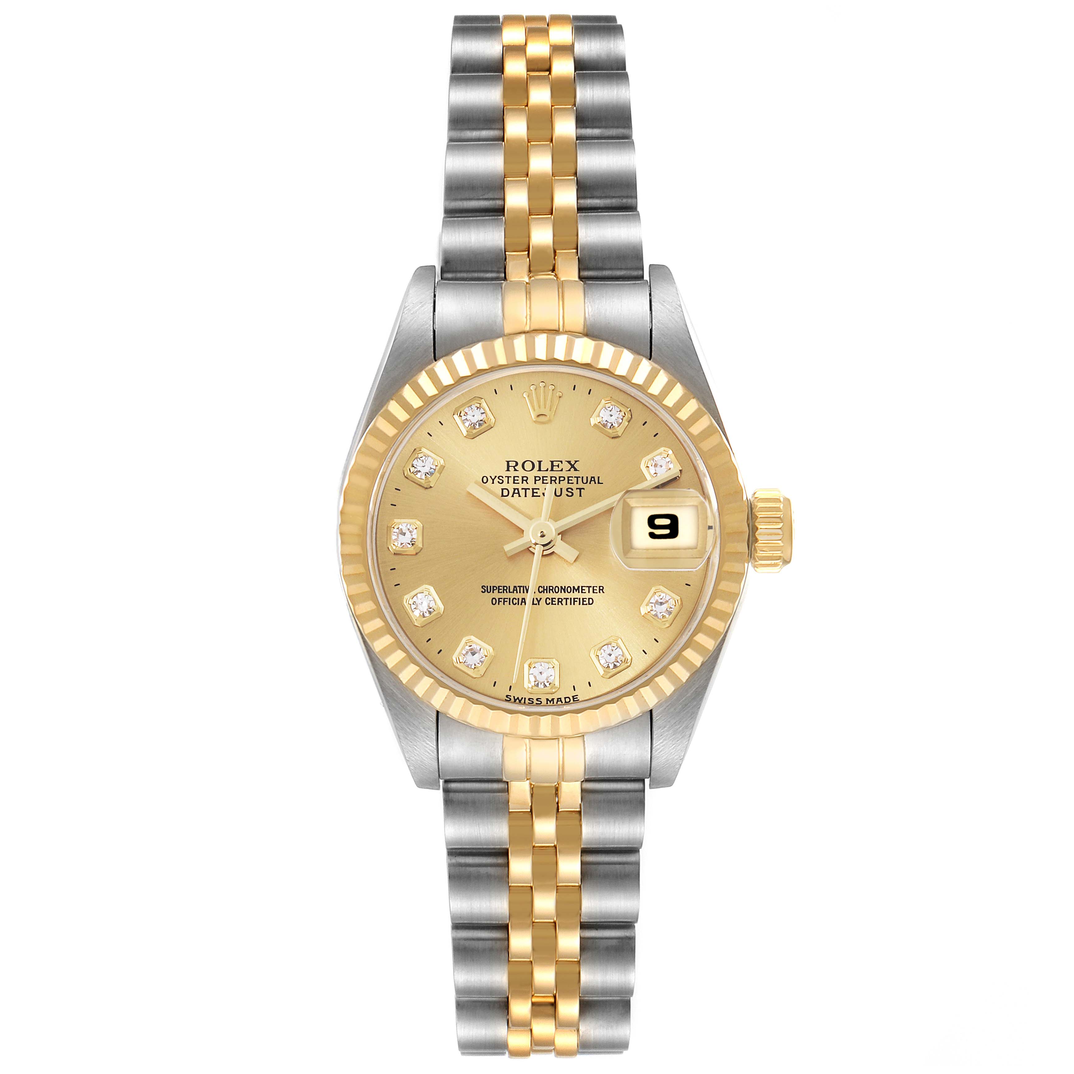 The image shows a frontal view of a Rolex Datejust 69173 Women's Steel and Gold (two tone) Champagne Dial 69173 Women's Steel and Gold (two tone) Champagne Dial watch, highlighting its two-tone bracelet, gold bezel, and champagne dial with diamond hour markers.