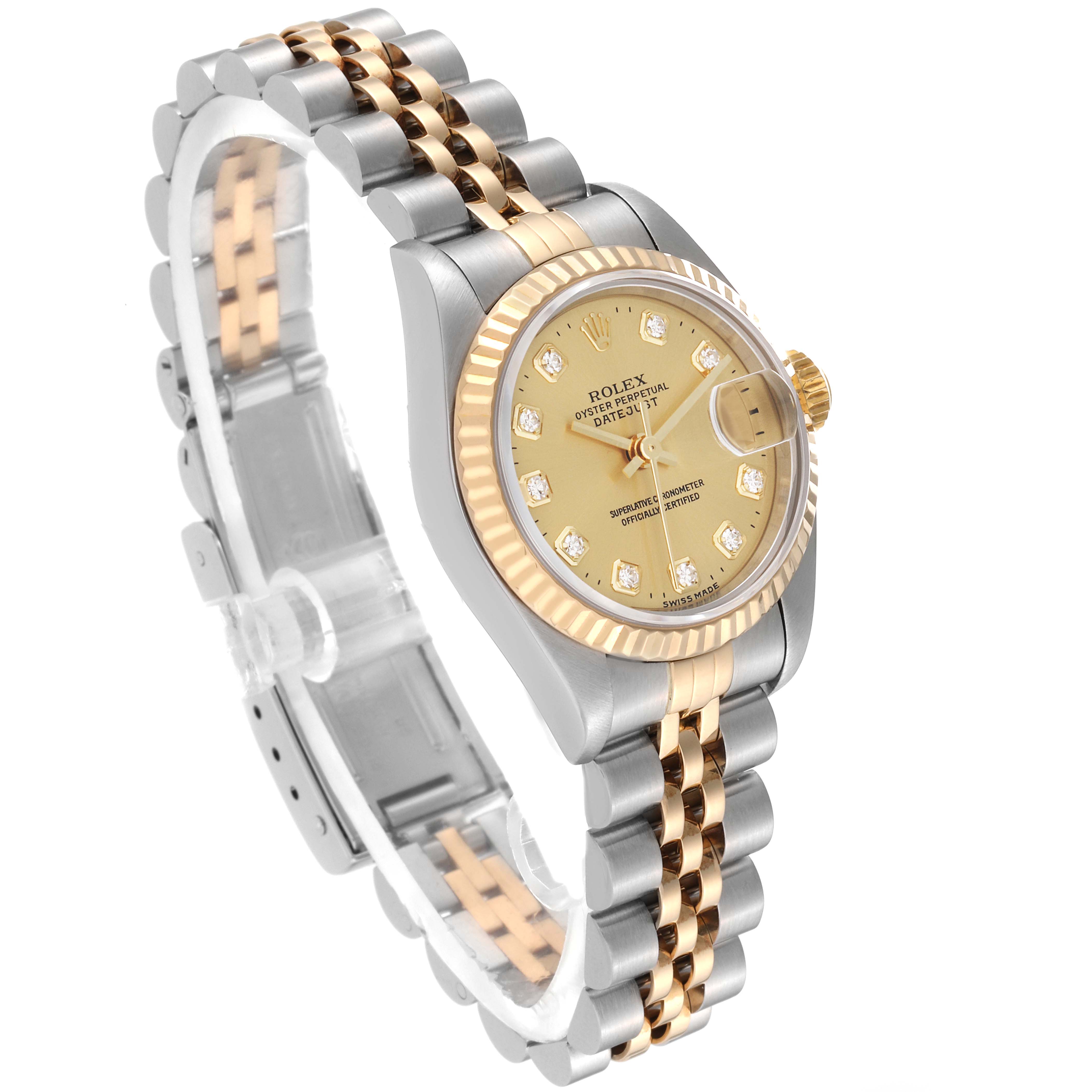 The image shows a Rolex Datejust 69173 Women's Steel and Gold (two tone) Champagne Dial 69173 Women's Steel and Gold (two tone) Champagne Dial watch angled from the left, highlighting its jubilee bracelet, gold dial, and fluted bezel.