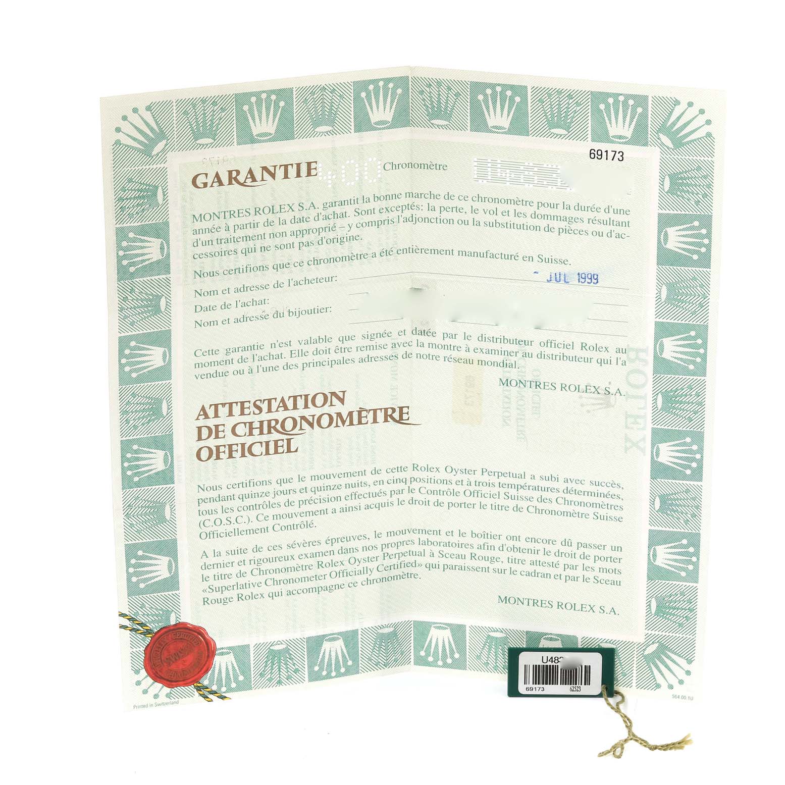 This image shows the warranty and certification documents for a Rolex Datejust 69173 Women's Steel and Gold (two tone) Champagne Dial 69173 Women's Steel and Gold (two tone) Champagne Dial model.