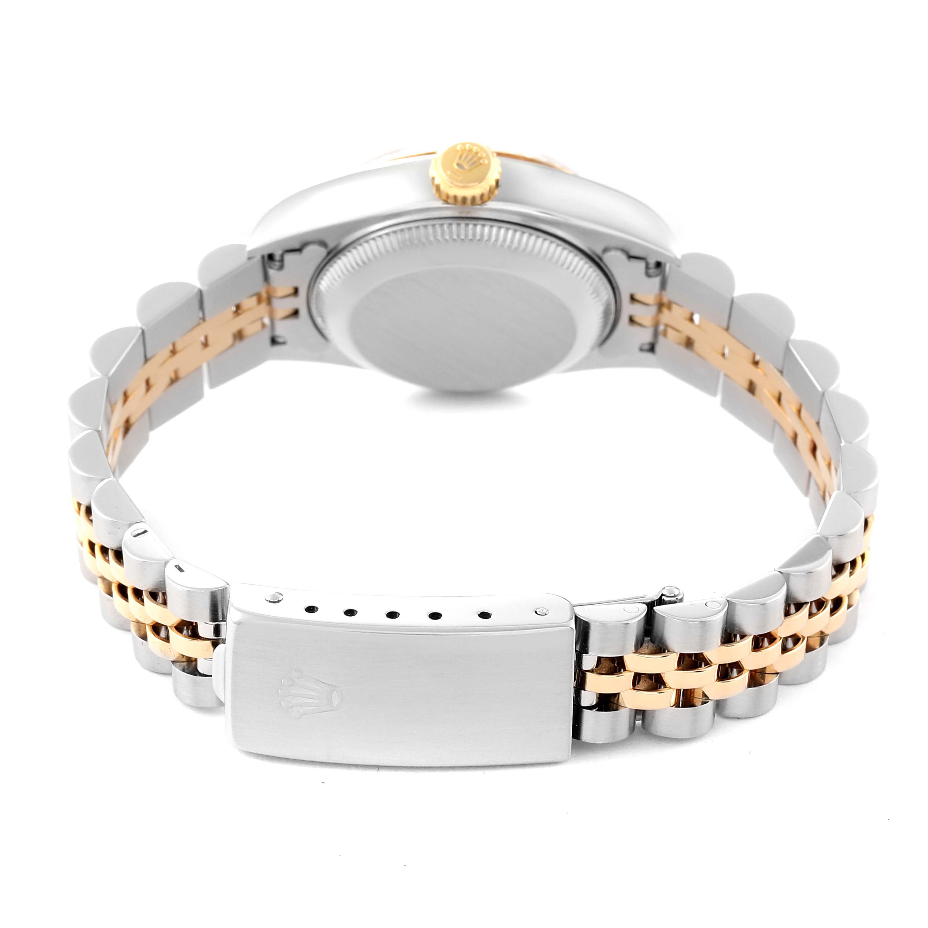 The image shows the back view of a Rolex Datejust 69173 Women's Steel and Gold (two tone) Champagne Dial 69173 Women's Steel and Gold (two tone) Champagne Dial watch, highlighting its caseback, crown, and two-tone bracelet with clasp.