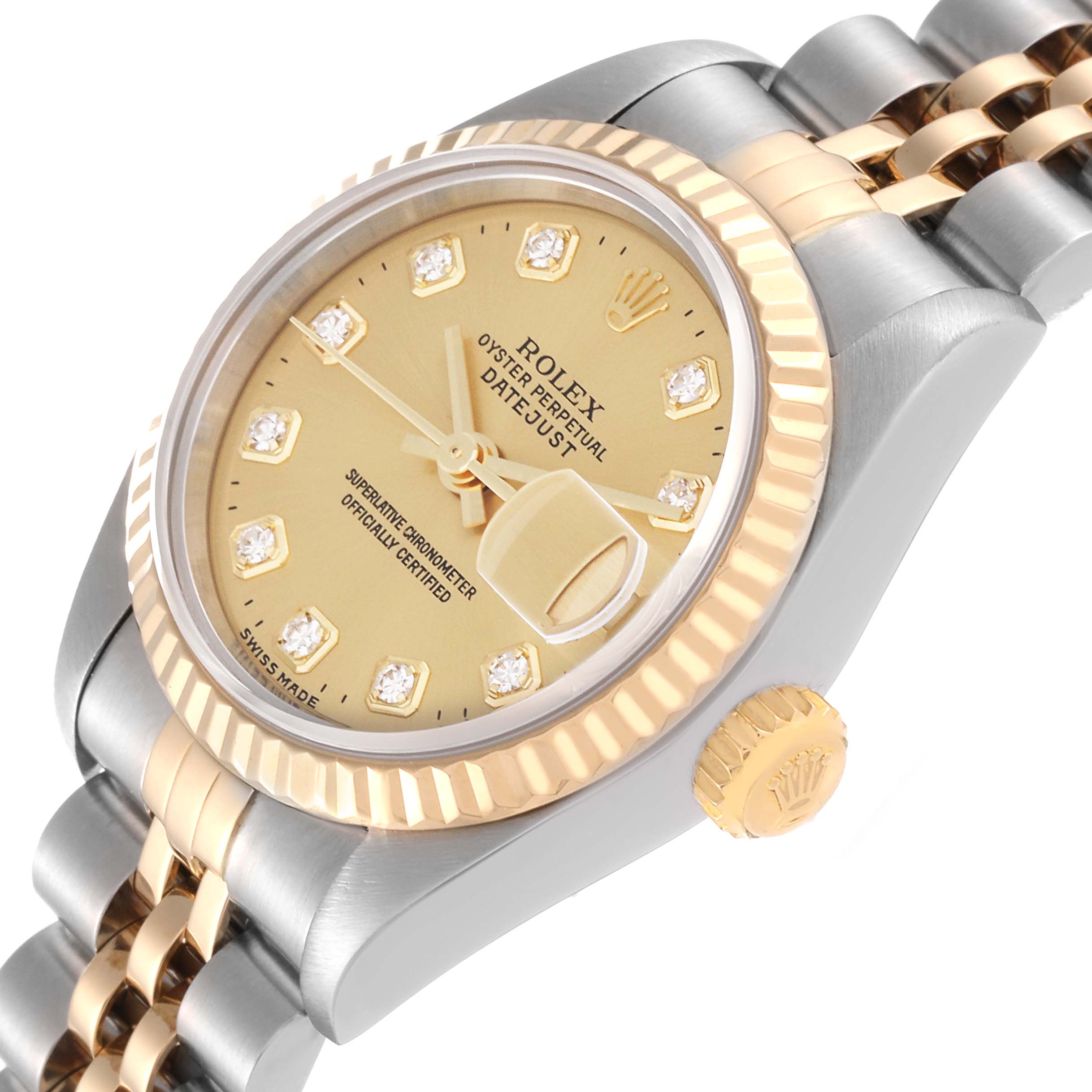 The image shows a close-up angle of the Rolex Datejust 69173 Women's Steel and Gold (two tone) Champagne Dial 69173 Women's Steel and Gold (two tone) Champagne Dial watch, highlighting the dial, crown, bezel, and part of the bracelet.
