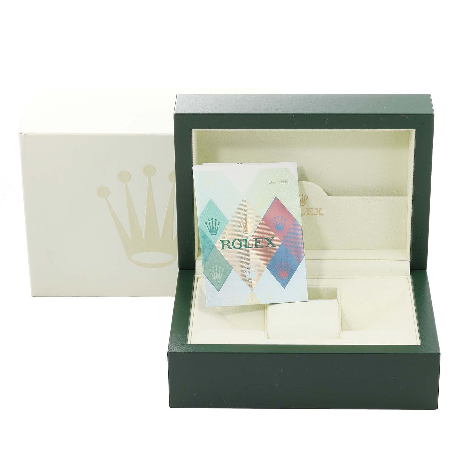 This image shows the packaging, box, and booklet for a Rolex Mid-Size 178273 Women
s Steel and Gold (two tone) Black Dial 178273 Women
s Steel and Gold (two tone) Black Dial model watch, shot from the front.