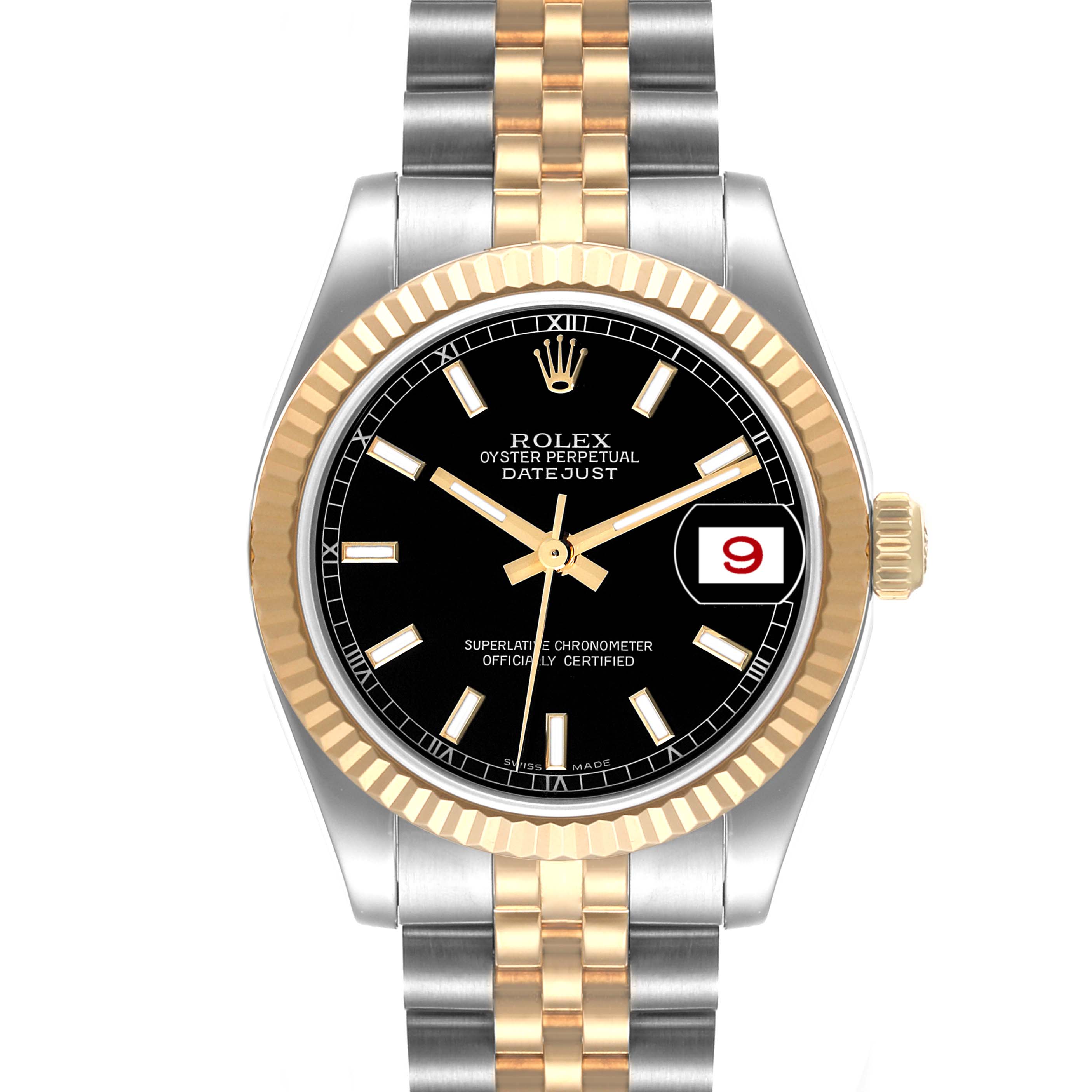 This image showcases a Rolex Mid-Size 178273 Women
s Steel and Gold (two tone) Black Dial 178273 Women
s Steel and Gold (two tone) Black Dial Datejust watch viewed from the front, displaying the dial, bezel, and bracelet.