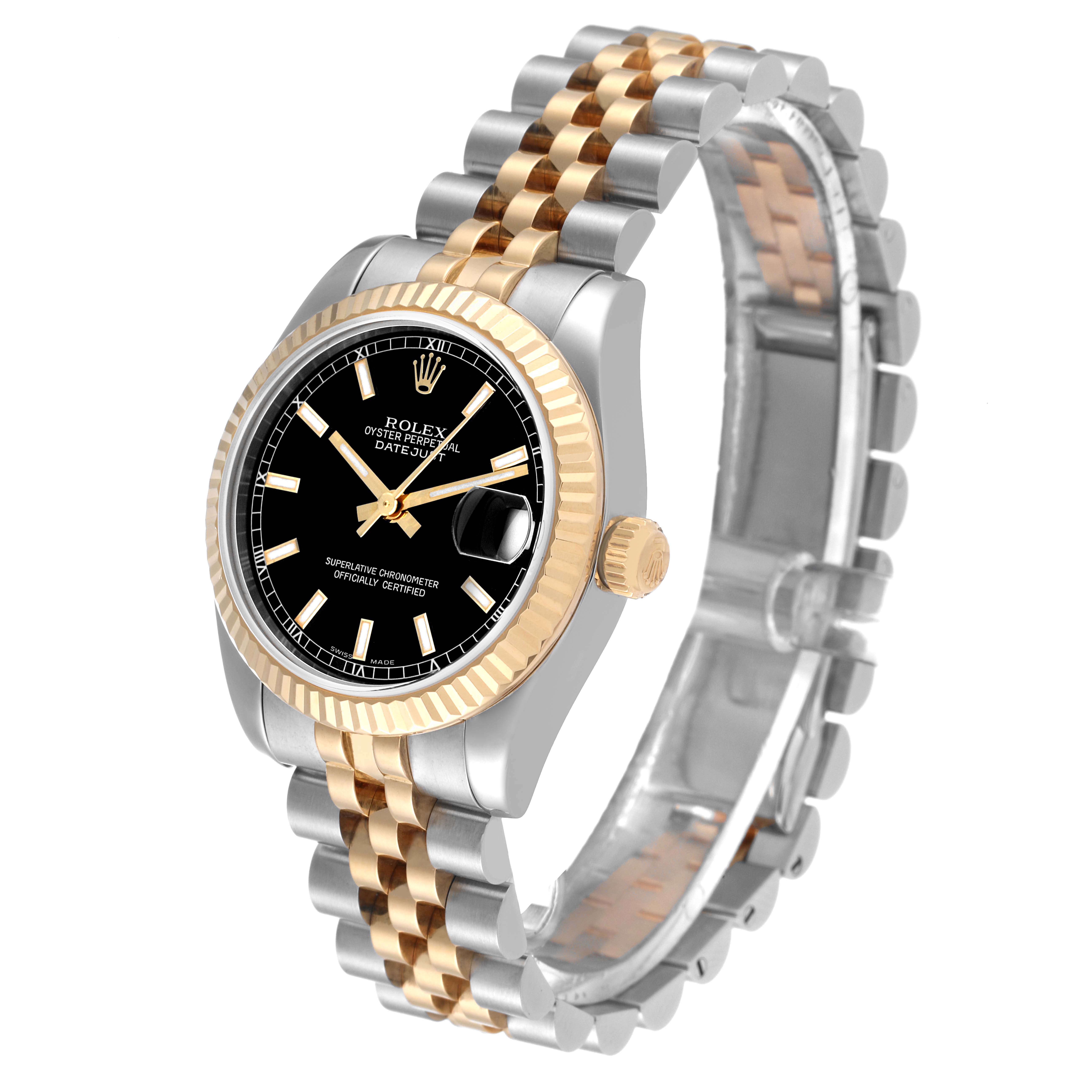 This image shows a Rolex Mid-Size 178273 Women
s Steel and Gold (two tone) Black Dial 178273 Women
s Steel and Gold (two tone) Black Dial Oyster Perpetual Datejust watch at a three-quarter view angle.