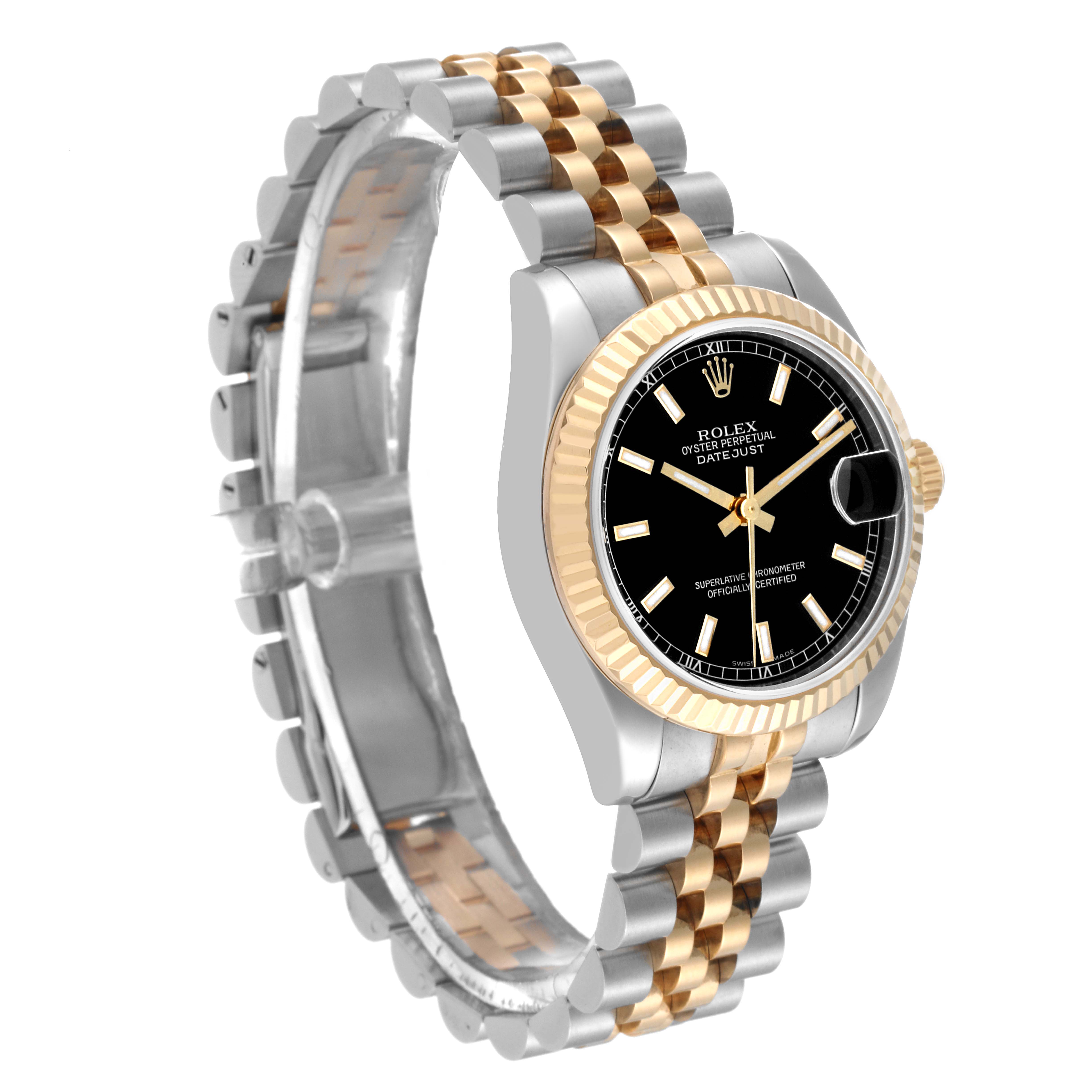 The image shows a Rolex Mid-Size 178273 Women
s Steel and Gold (two tone) Black Dial 178273 Women
s Steel and Gold (two tone) Black Dial Datejust watch from a three-quarter angle, highlighting the face, bezel, and Jubilee bracelet.