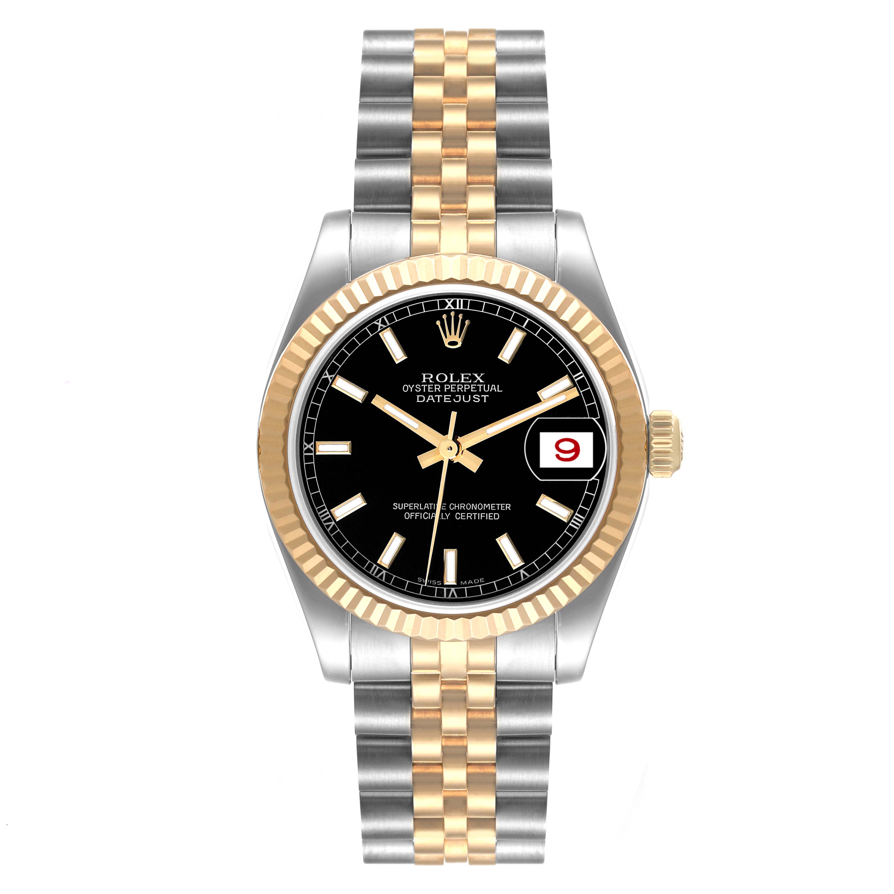 This is a front view of the Rolex Mid-Size 178273 Women
s Steel and Gold (two tone) Black Dial 178273 Women
s Steel and Gold (two tone) Black Dial Oyster Perpetual Datejust watch, showcasing the dial, bezel, and bracelet.
