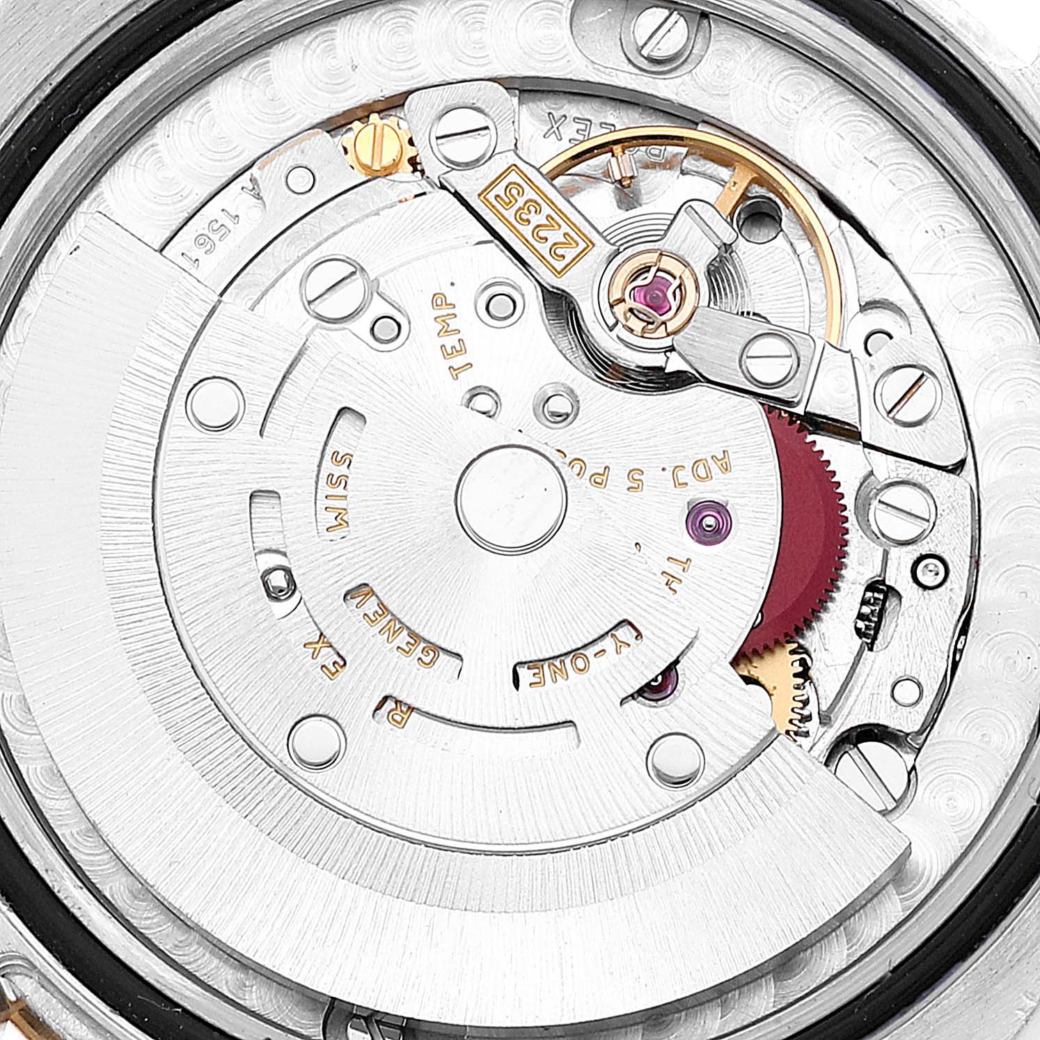 This image shows a close-up view of the internal movement mechanism of a mid-size Rolex watch.