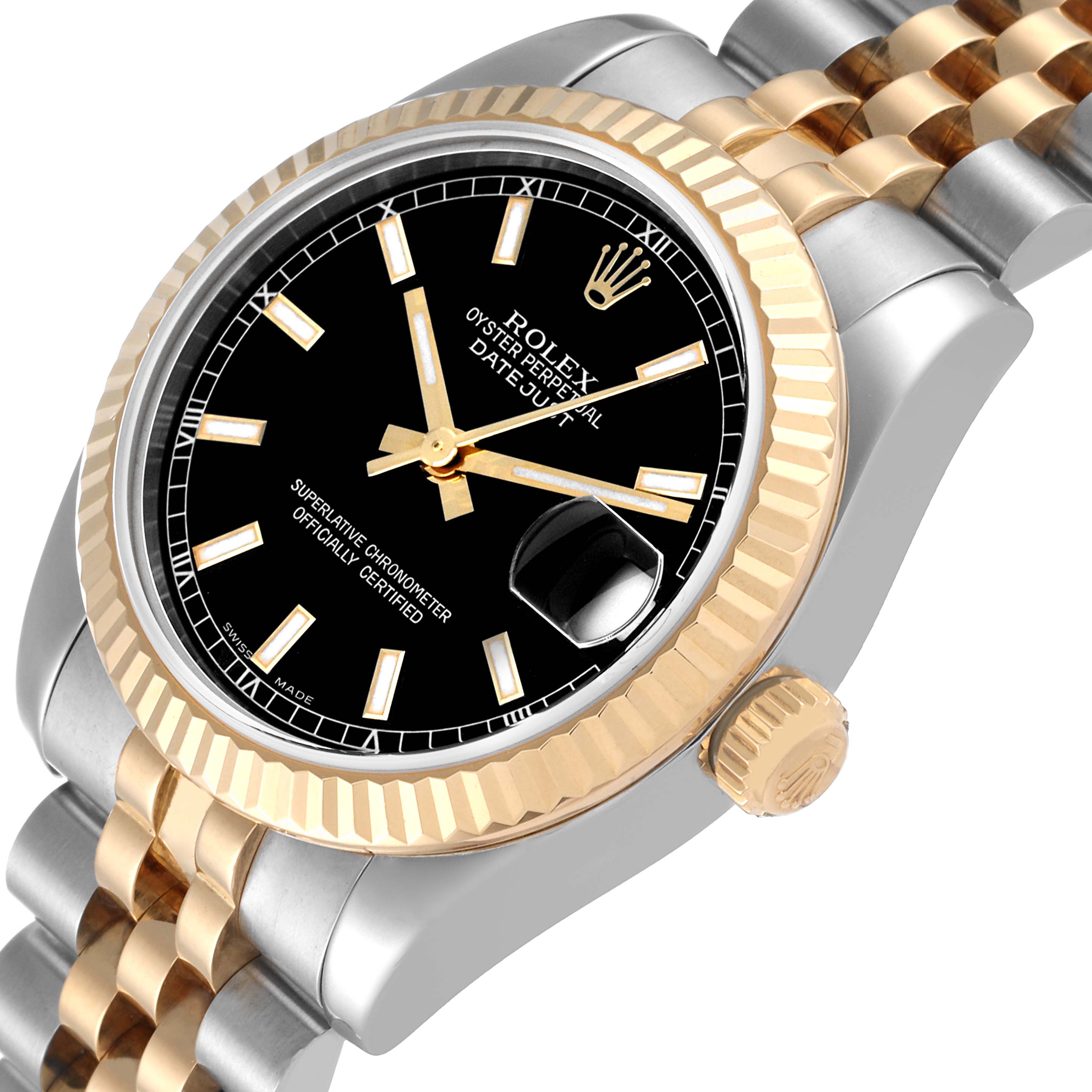 The Rolex Mid-Size 178273 Women
s Steel and Gold (two tone) Black Dial 178273 Women
s Steel and Gold (two tone) Black Dial Datejust watch is shown at an angle highlighting its face, bezel, crown, and part of the bracelet.