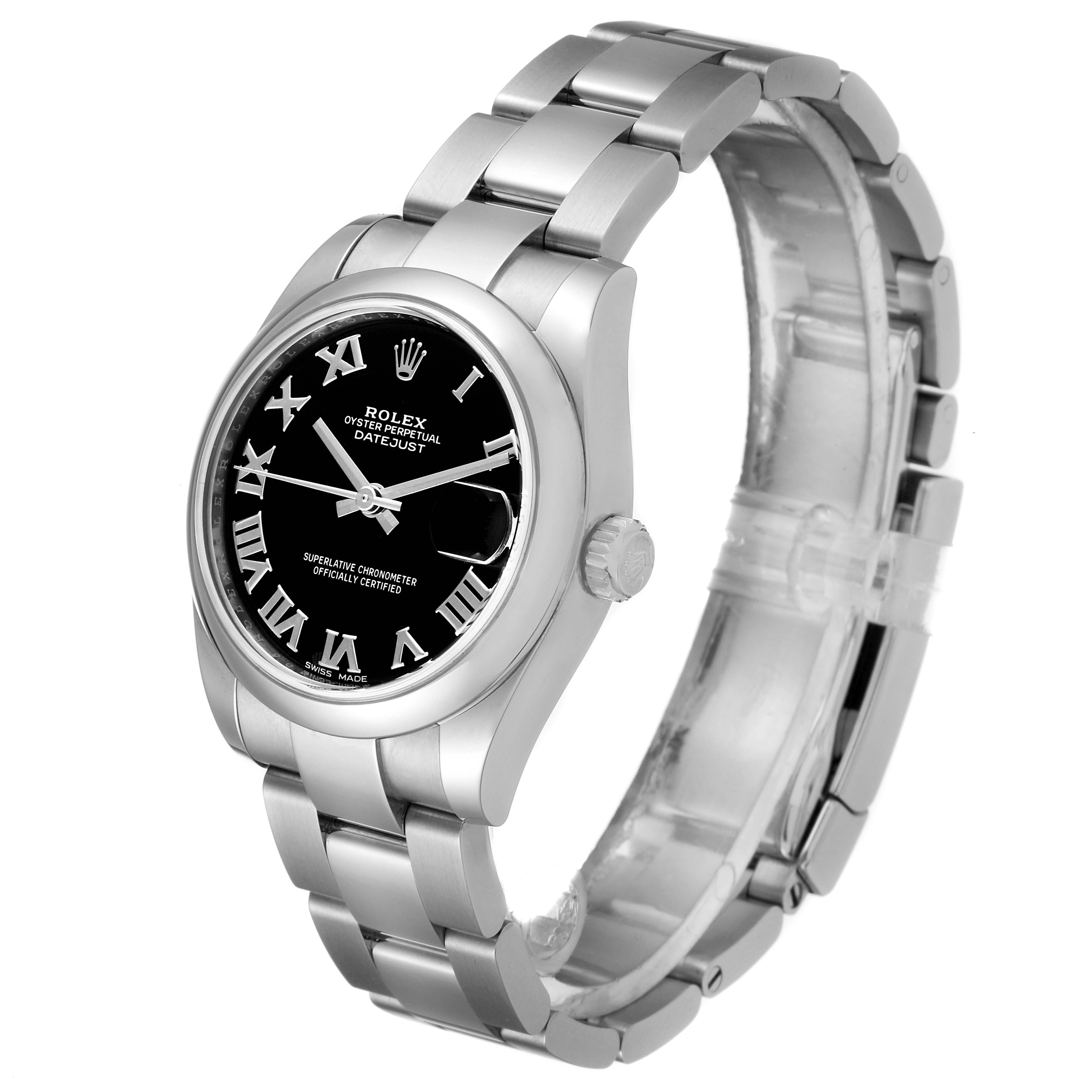 The image shows a Rolex Oyster Perpetual Datejust Mid-Size model watch from an angled perspective, highlighting the dial and bracelet.
